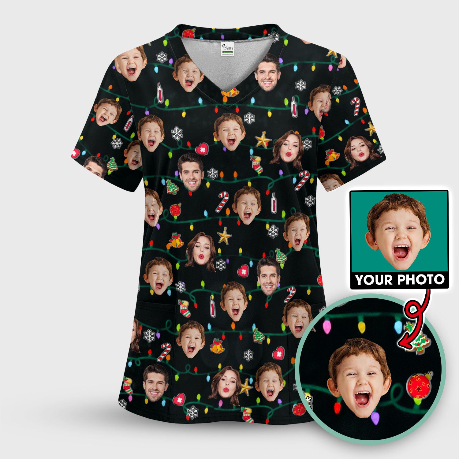 Personalized Xmas Photo Scrub Top, Christmas Custom Face Scrub Shirt, Breathable Fabrics Nursing Uniform