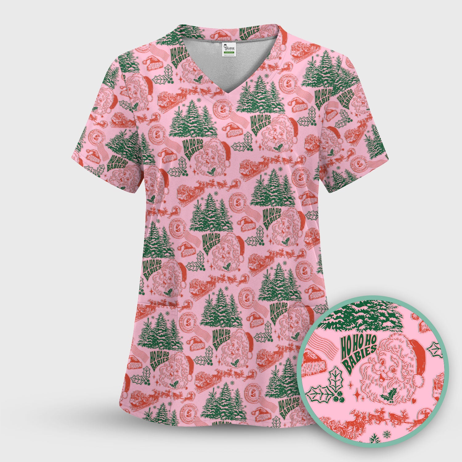 Christmas Santa Scrub Top, Vintage Holiday Nurse Shirt, Festive Medical Uniform For Nursing