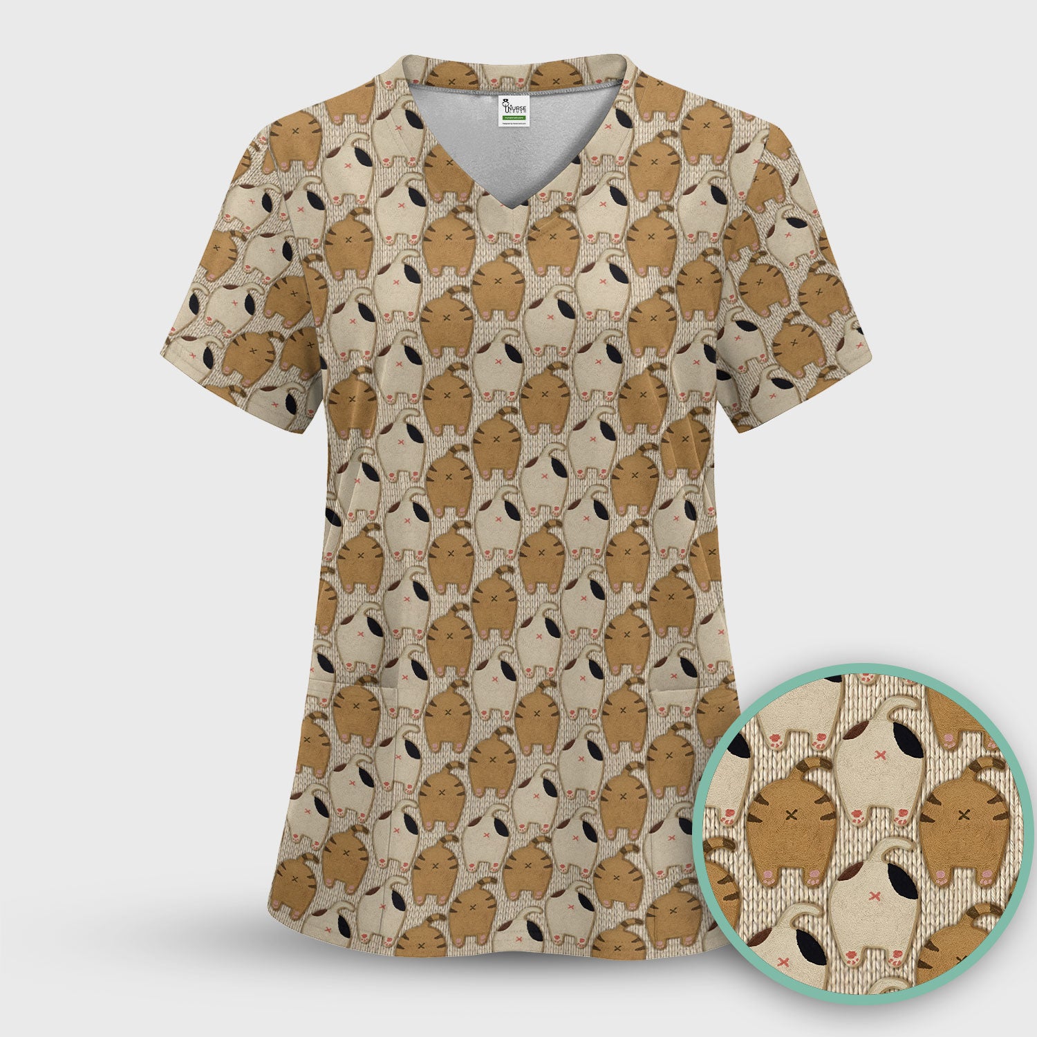 Cute Cat Nurse Scrub Top, Cozy Minimal Animal Pattern Medical Shirt, Breathable Fabrics Nursing Uniform