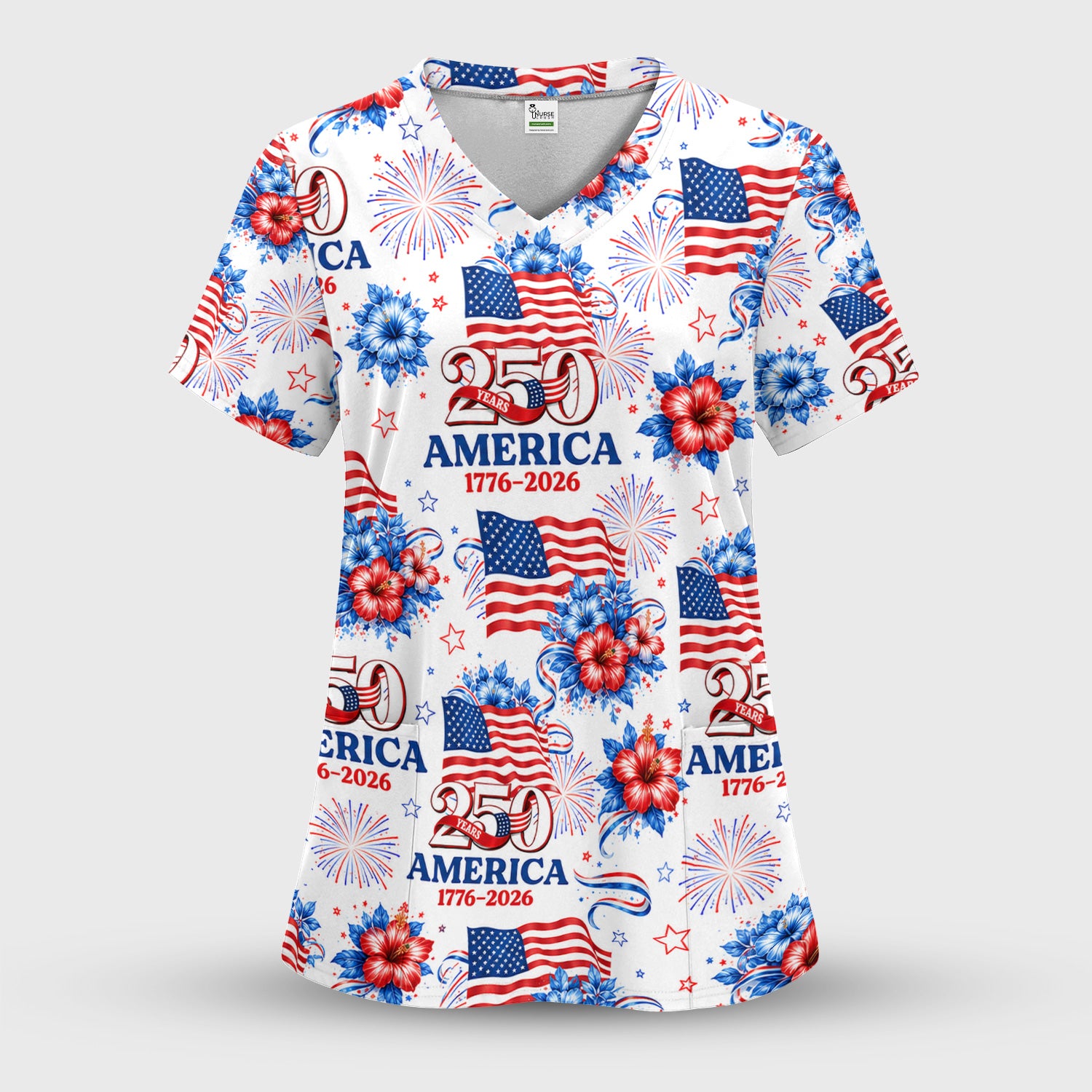 America 250 with Flag Firework Pattern Scrub Top, Comfortable Scrubs for Nurses