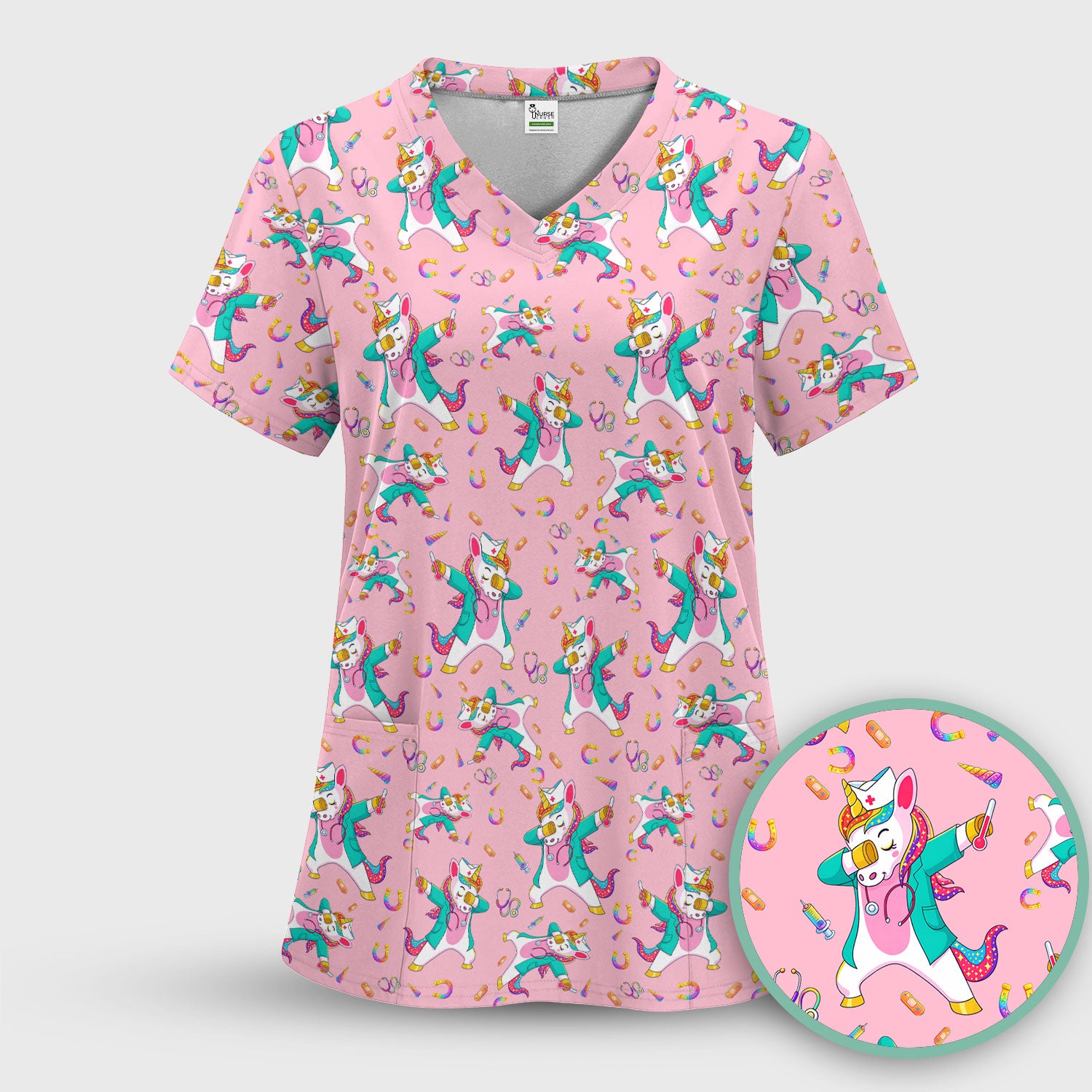 Cute Unicorn Nurse Dance Pattern Scrub Top, Breathable Fabrics Nursing Uniform