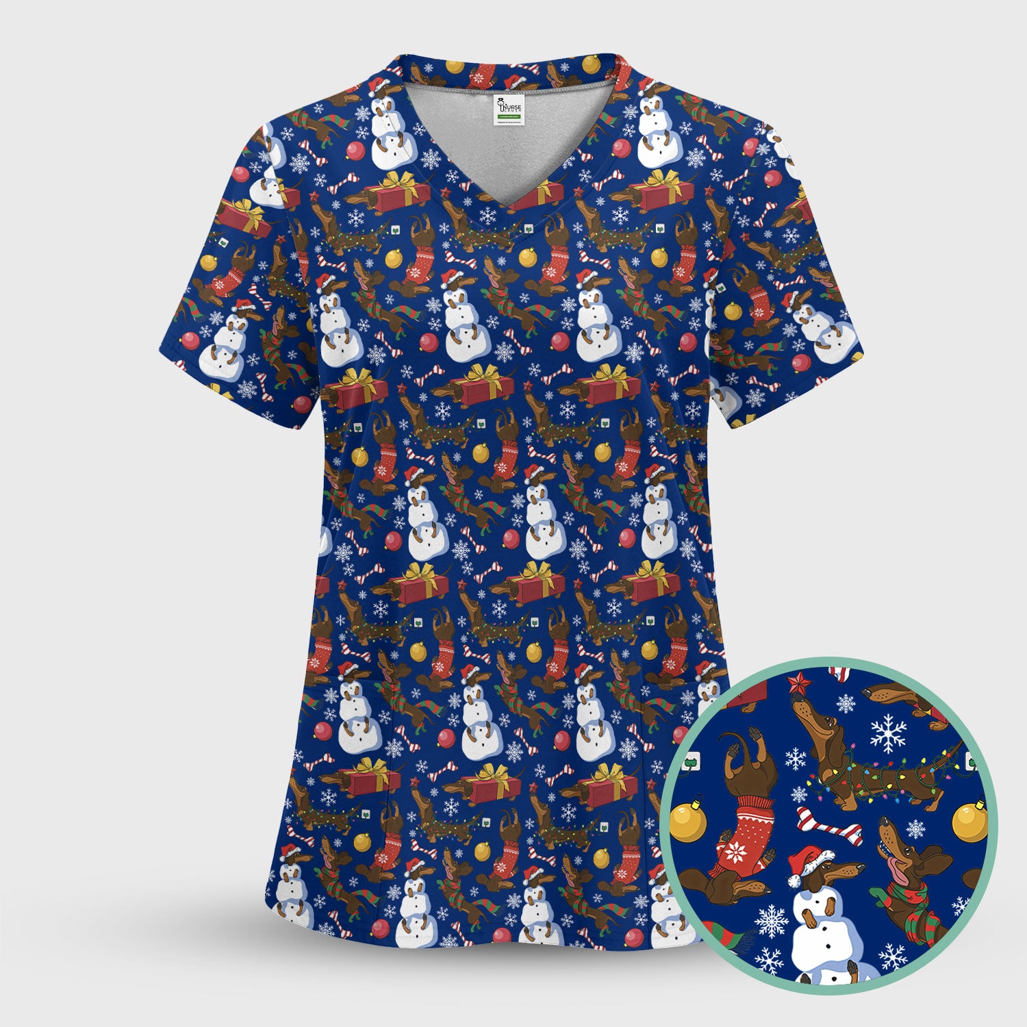 Custom Nurse Scrubs for Women - Christmas Dachshund Dog & Snowman Print - Multi Color Nursing Shirt Holiday Gift for Nurses