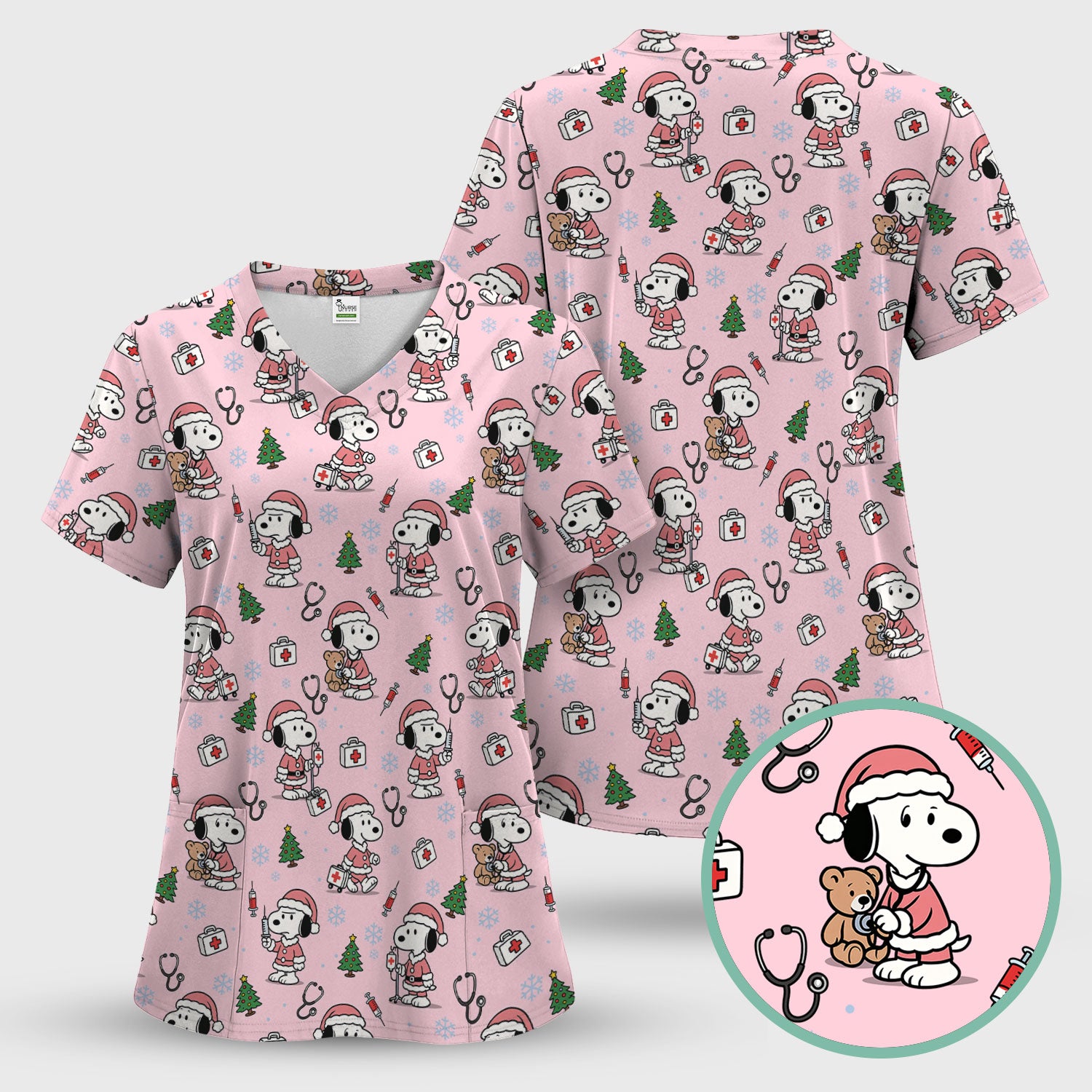 Snoopy Christmas Nurse Scrub Top for Women - Cute Cartoon Holiday Medical Uniform with Pockets - Nursing Gift for RN CNA LPN
