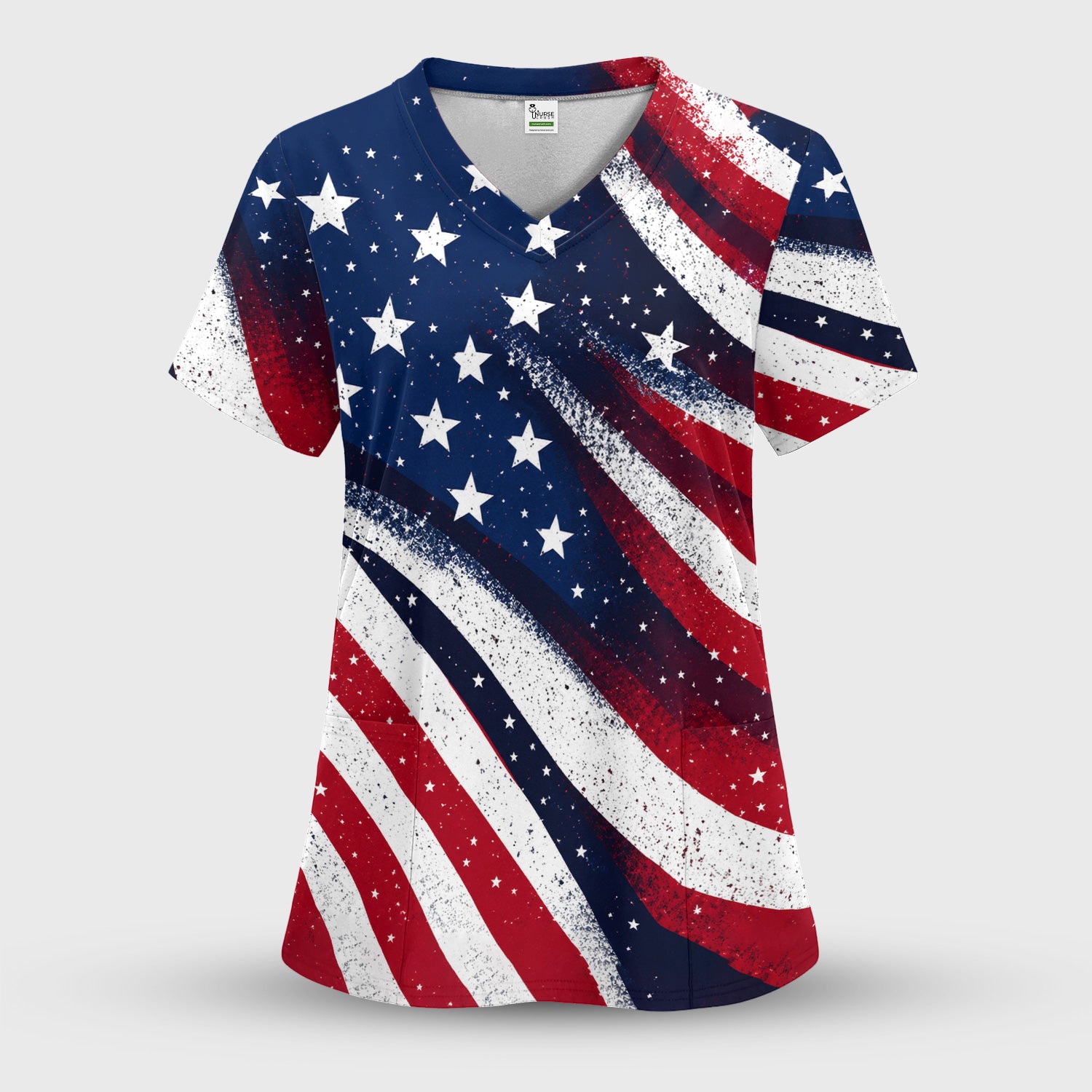 Festive American Flag Stars Pattern Scrub Set, Scrub Pants and V Neck Top