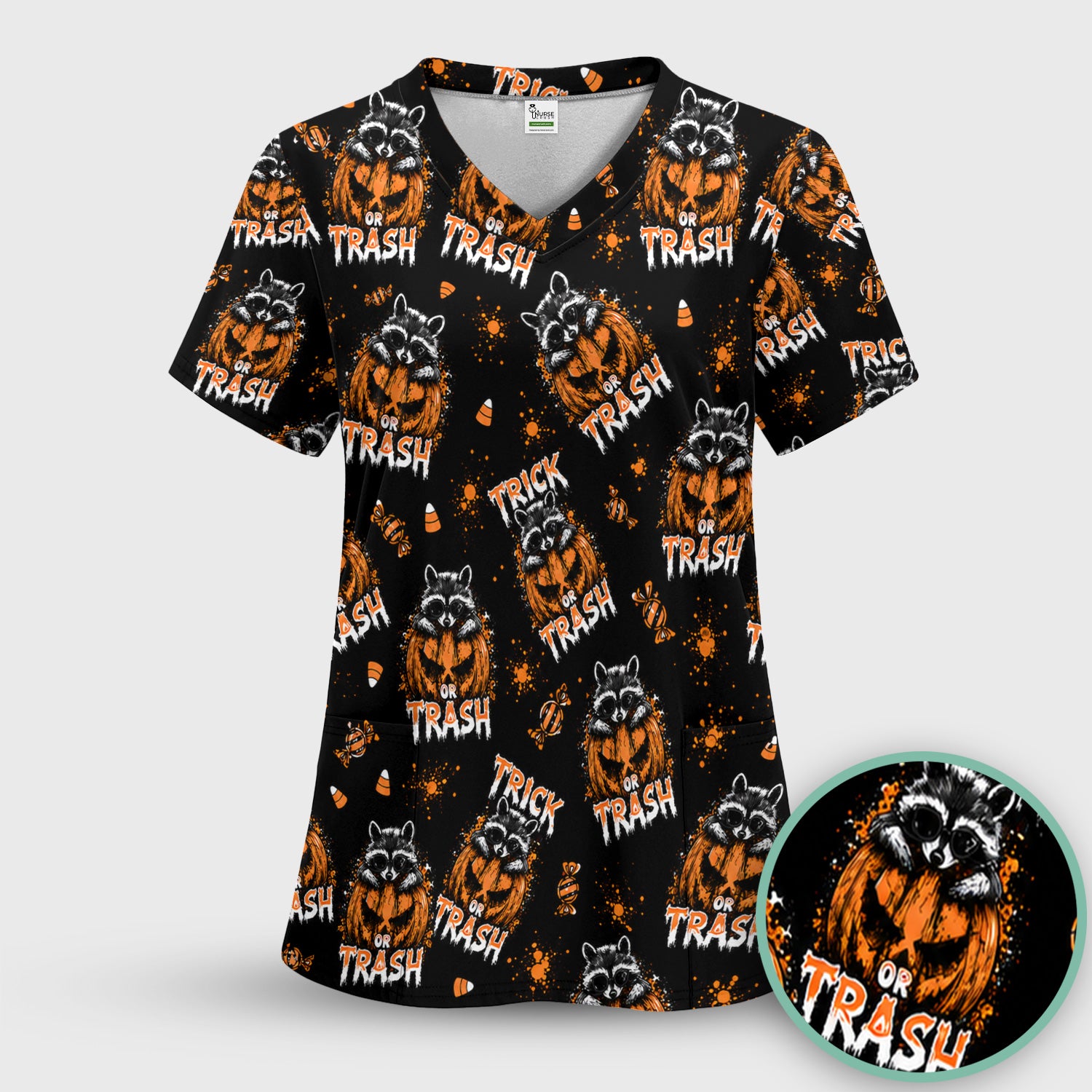 Funny Halloween Trick Or Trash Raccoon Scrub Top, Comfortable Scrubs for Nurses