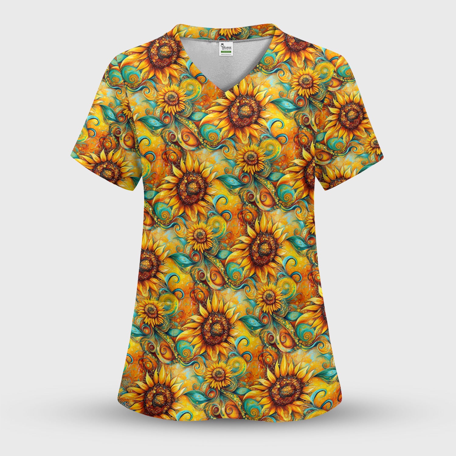 Sunflower Swirl Floral Pattern Scrub Set, Scrub Pants and V Neck Top