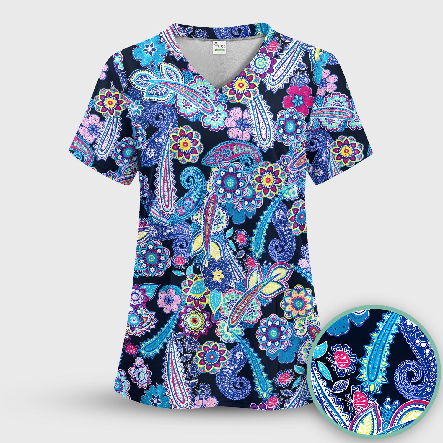 Vibrant Paisley Floral Pattern Scrub Set, Scrub Pants and V Neck Top