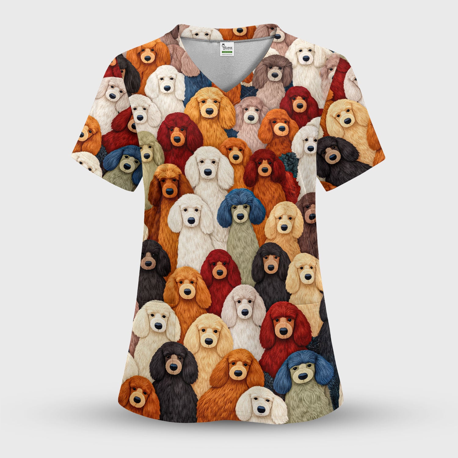 Multicolor Poodle Dog Pattern Scrub Top, Breathable Fabrics Nursing Uniform