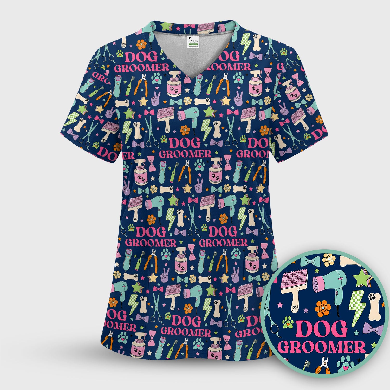 Dog Groomer Tools Pattern Nursing Scrub Top, Comfortable Scrubs for Nurses