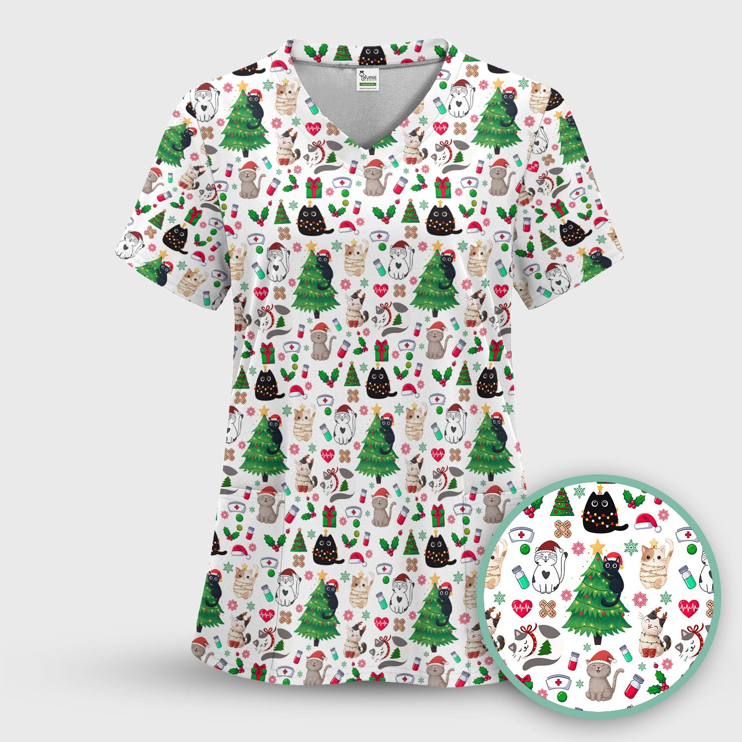 Christmas Cat Scrub Top, Xmas Pet Pattern Scrub Shirt, Breathable Fabrics Nursing Uniform