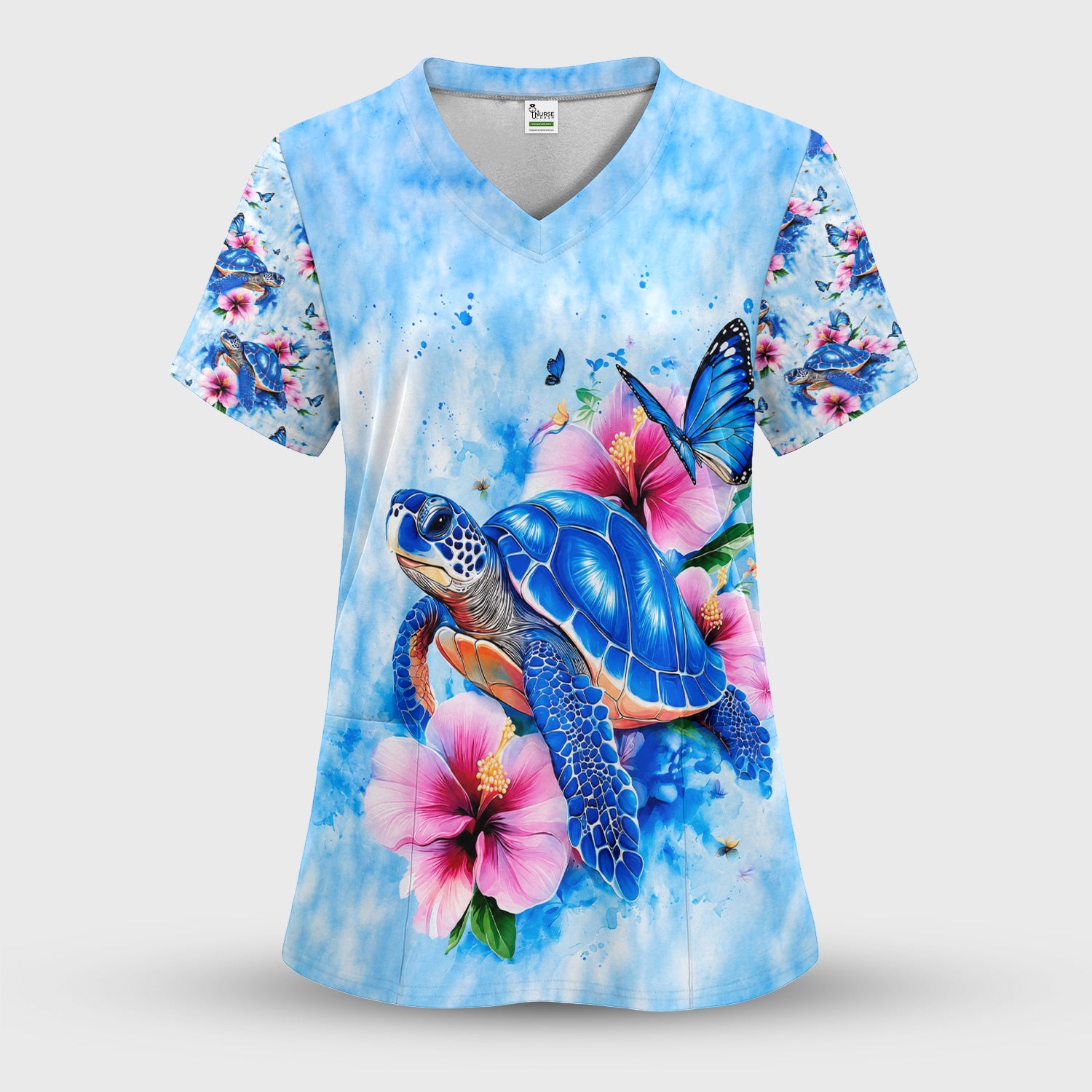 Blue Sea Turtle Hibiscus Butterfly Print Scrub Set, Scrub Pants and V Neck Top
