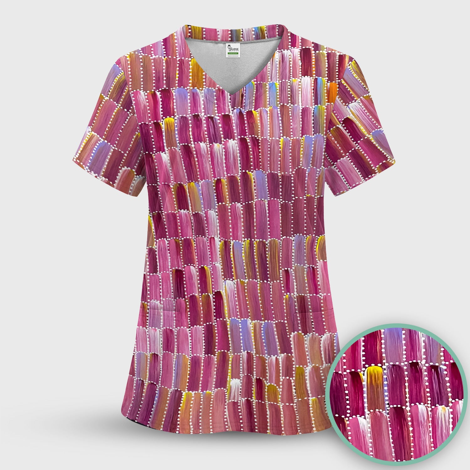 Colorful Abstract Brushstroke Dotted Pattern Scrub Set, Scrub Pants and V Neck Top