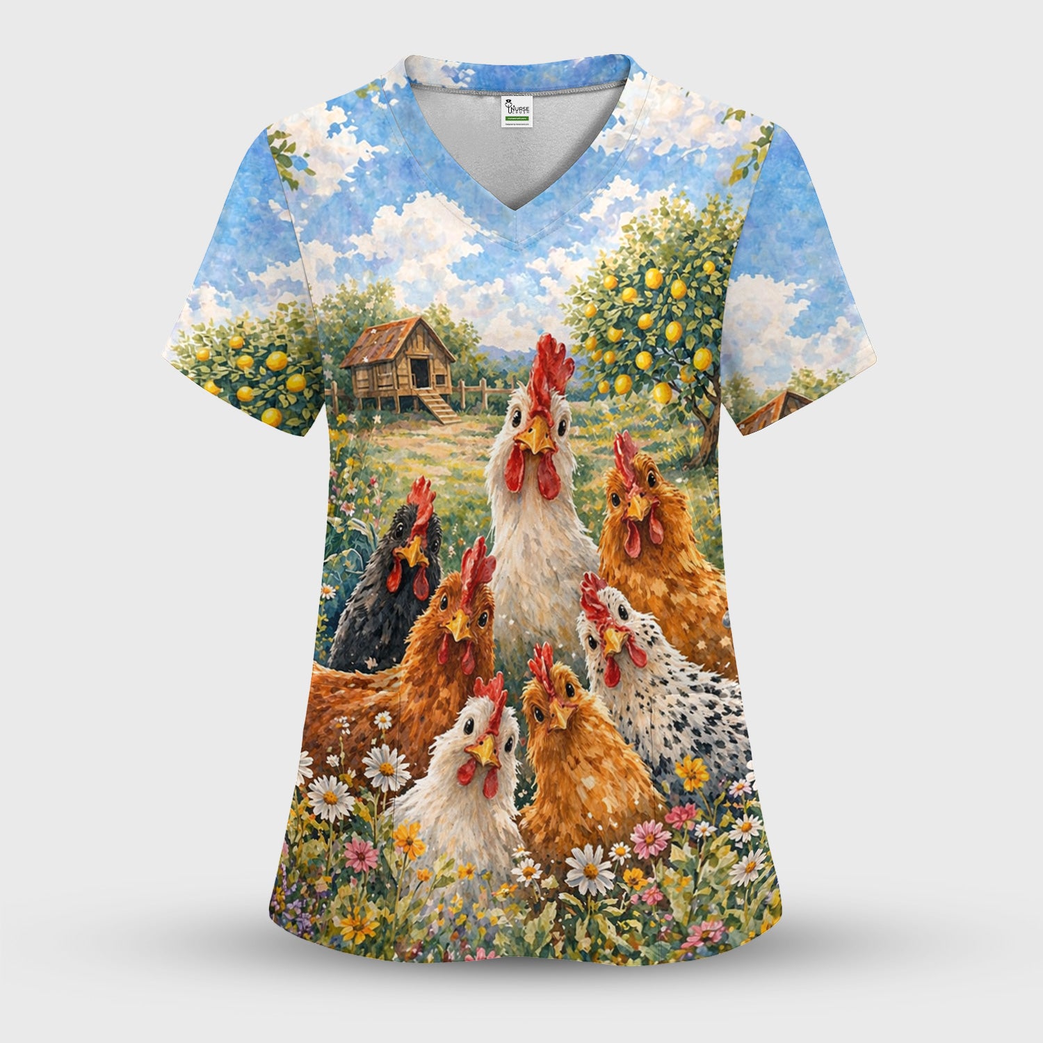 Rustic Chicken Family Farm Garden Pattern Nurse Scrub Top, Comfortable Scrubs for Nurses