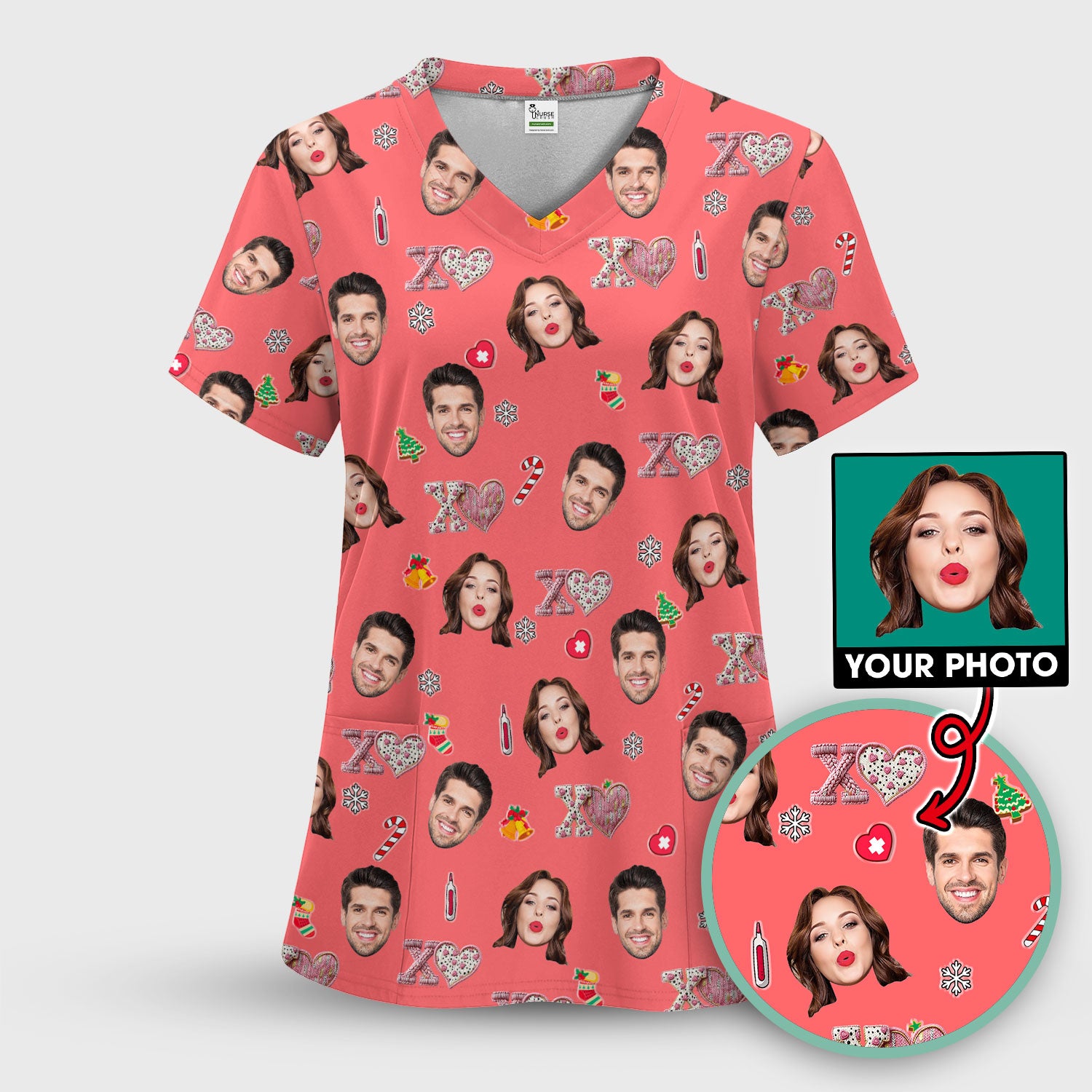 Custom Face Pattern XOXO Scrub Shirt, Personalized Photo Scrub Top, Breathable Fabrics Nursing Uniform