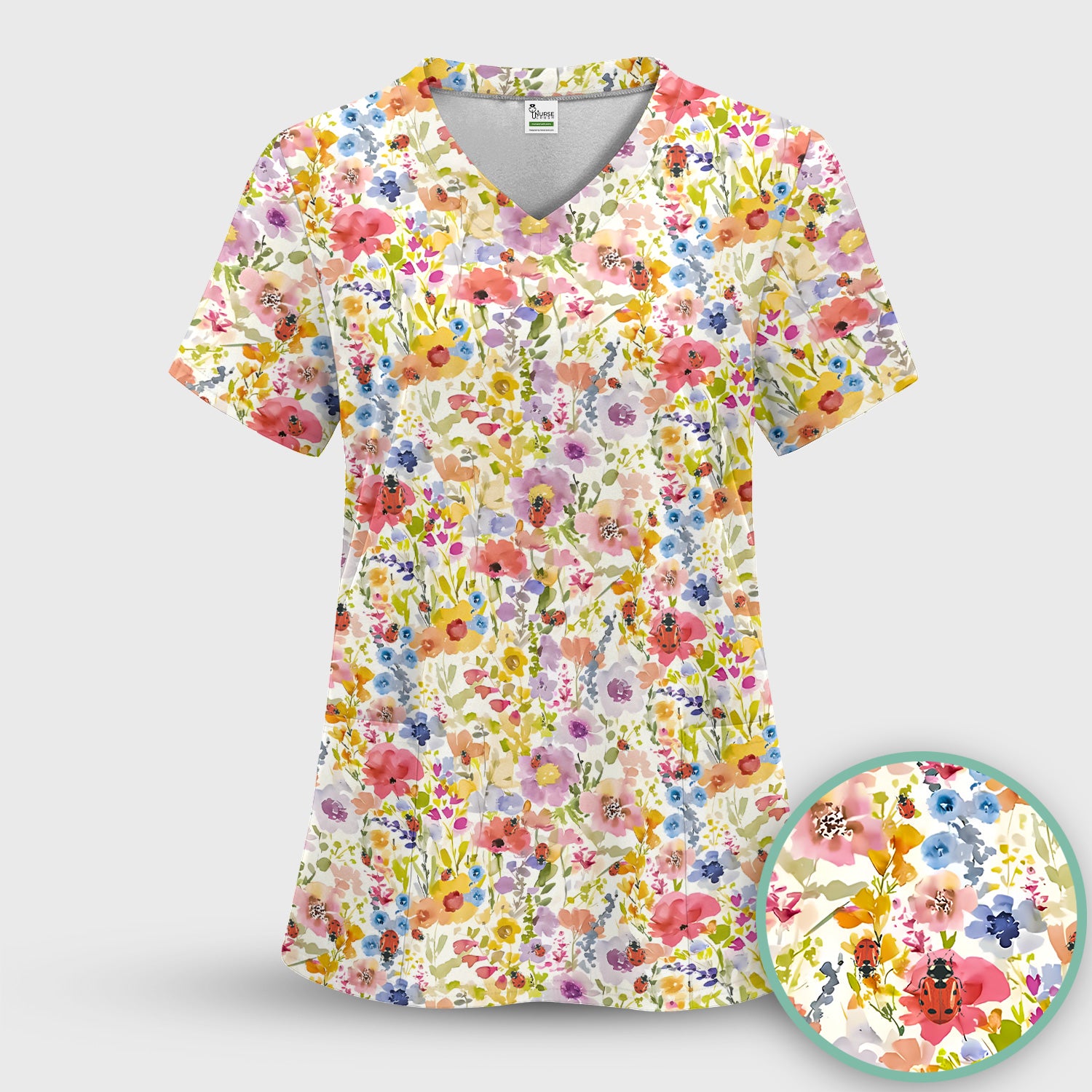 Cute Wildflower Ladybug Garden Pattern Scrub Top, Comfortable Scrubs for Nurses
