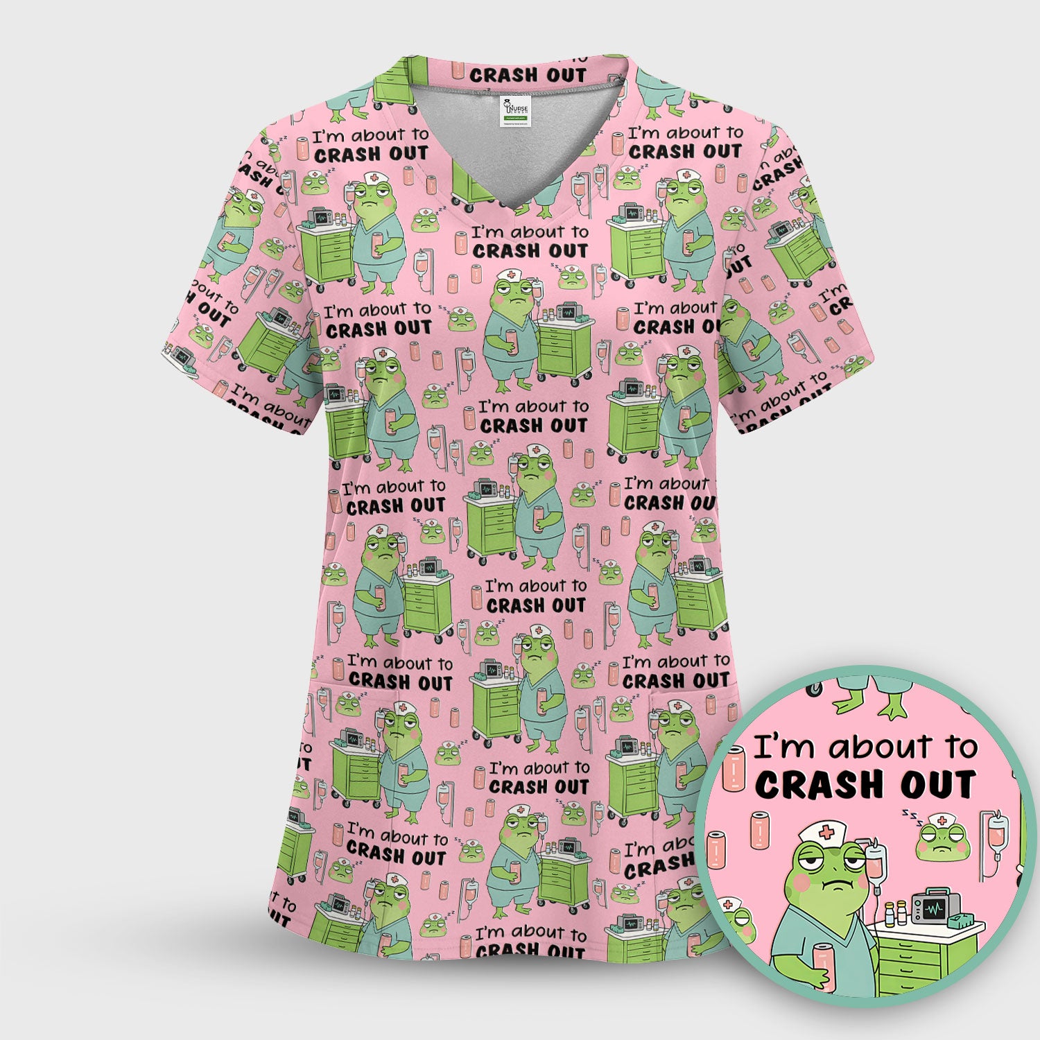 Funny Frog Pattern Nurse Scrub Top, I’m About to Crash Out Nurse Shirt, Breathable Fabrics Nursing Uniform