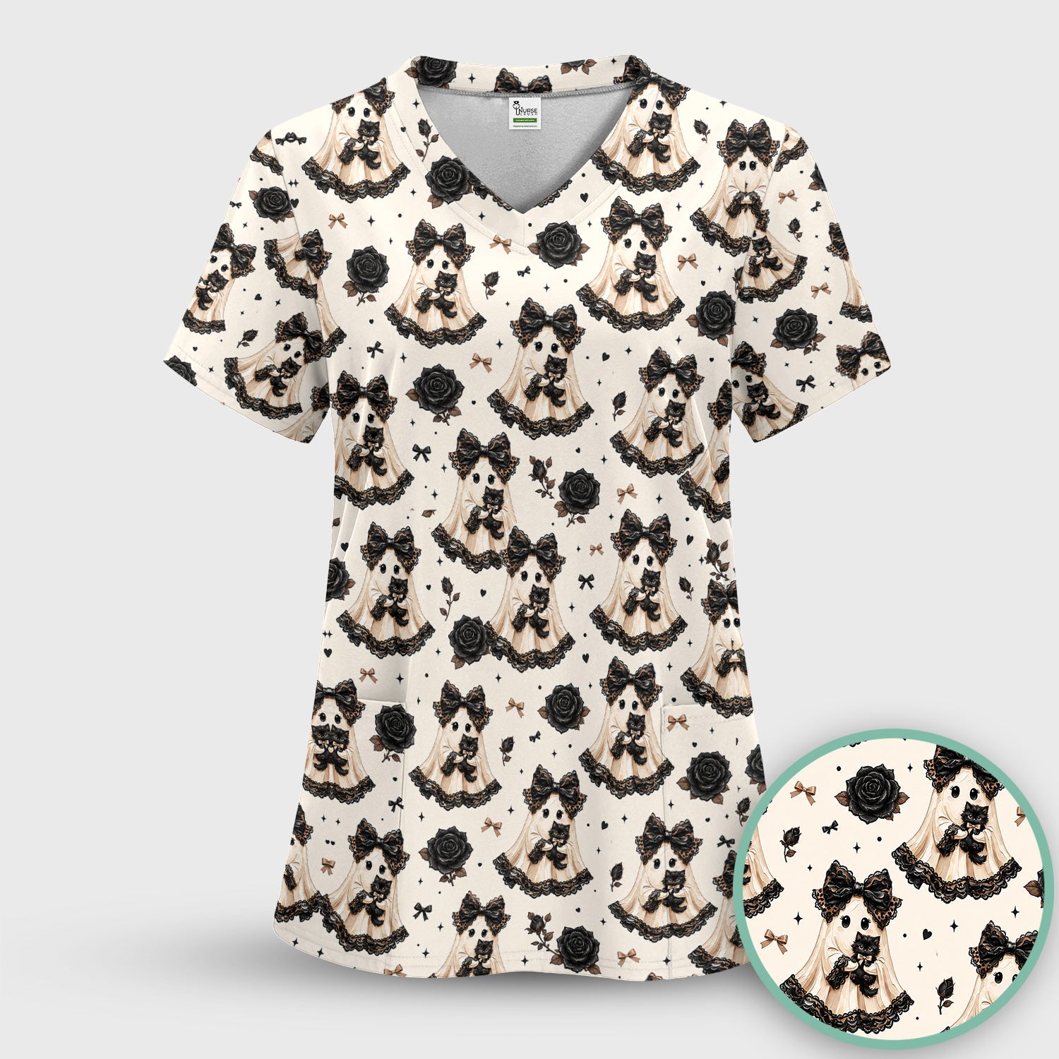 Halloween Ghost Black Cat Pattern Scrub Set, Scrub Pants and V Neck Top