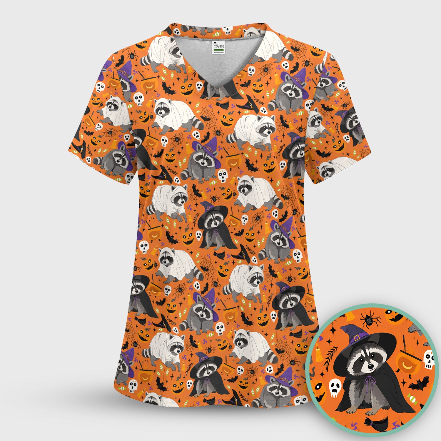 Cute Halloween Raccoon Costumes Print Scrub Top, Comfortable Scrubs for Nurses