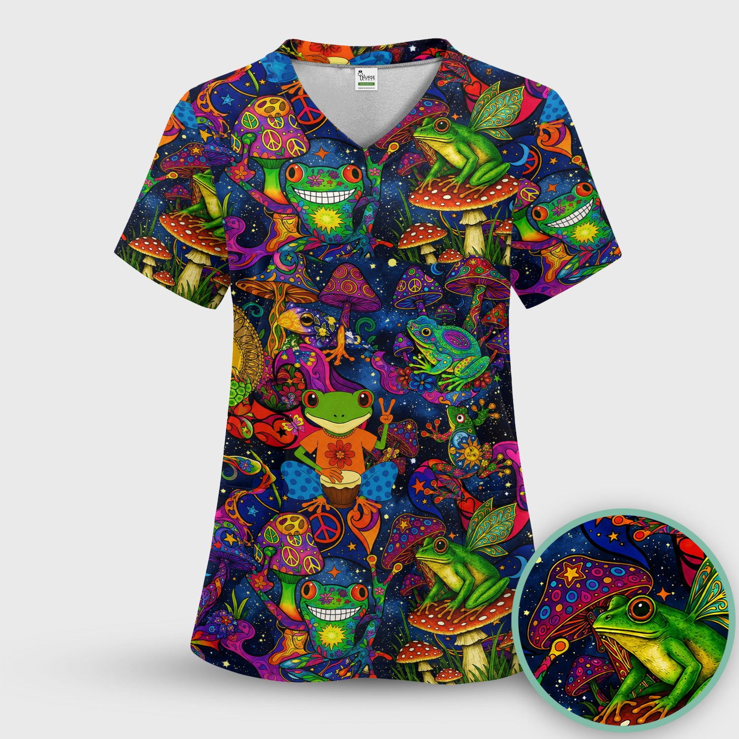 Psychedelic Frog with Mushroom Peace Print Scrub Top, Comfortable Scrubs for Nurses