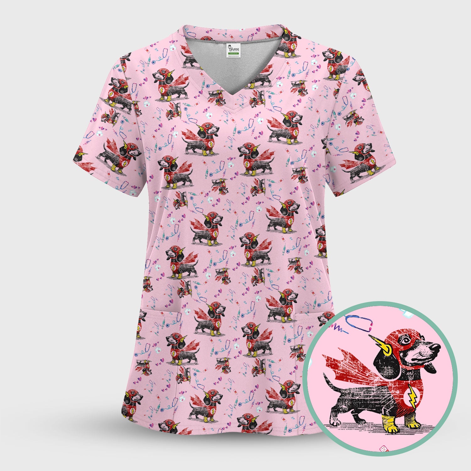 Dachshund Hero Scrub Top for Nurses - Super Nurse Funny Flash Dog Print Medical Uniform Shirt - Cute Sausage Dog Gift for RN CNA LPN