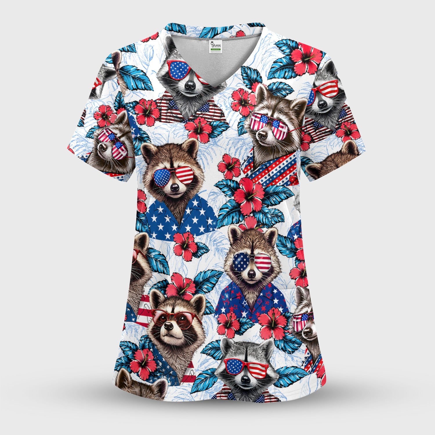 Funny Patriotic Raccoon Sunglasses Pattern Scrub Set, Scrub Pants and V Neck Top
