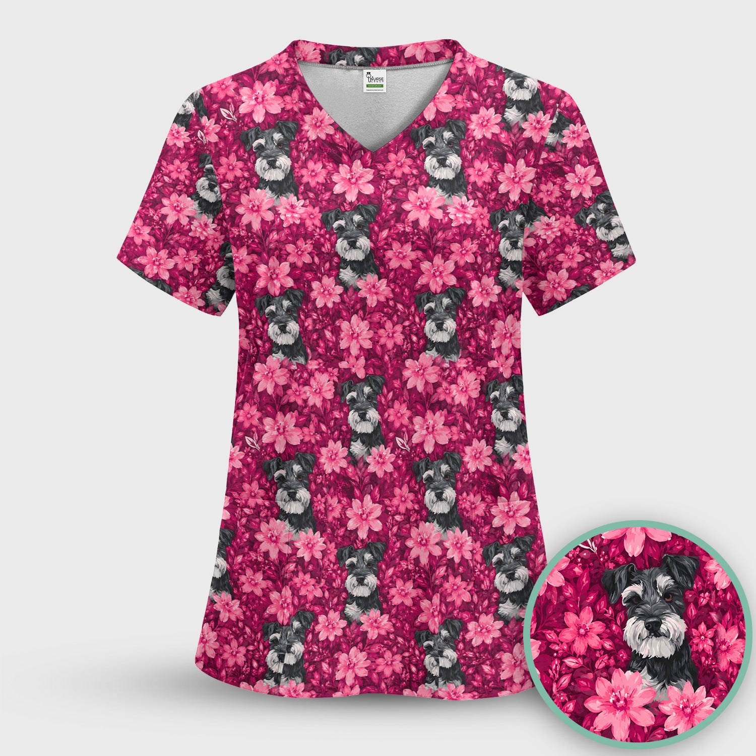 Pink Floral Schnauzer Pattern Scrub Top, Comfortable Scrubs for Nurses