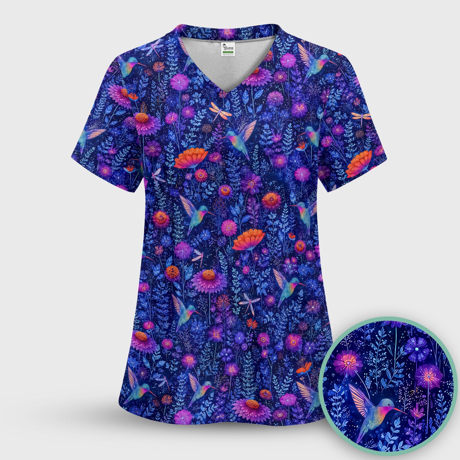 Enchanted Hummingbird Wildflower Garden Pattern Scrub Top, Comfortable Scrubs for Nurses