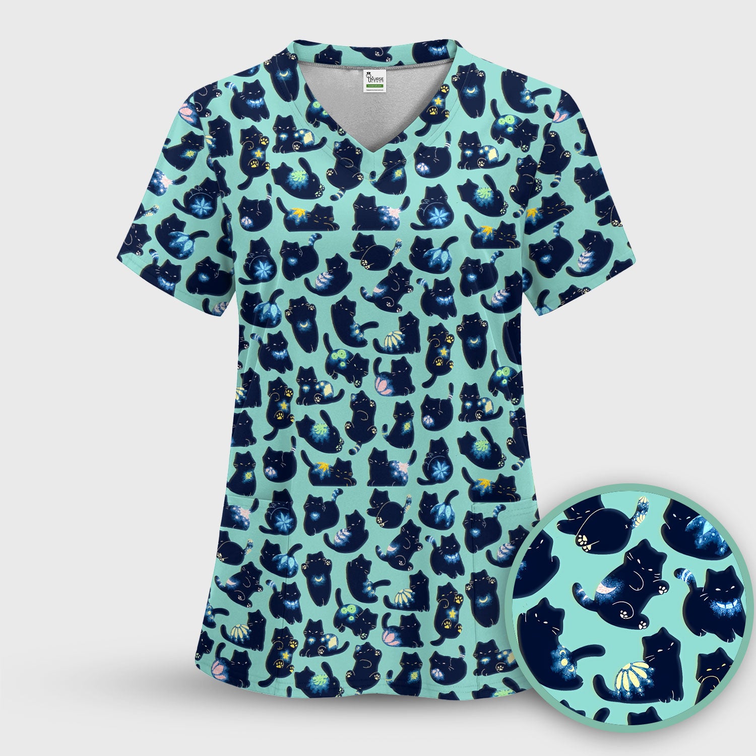Midnight Cat Scrub Top, Black Cat Pattern Nurse Shirt, Breathable Fabrics Nursing Uniform