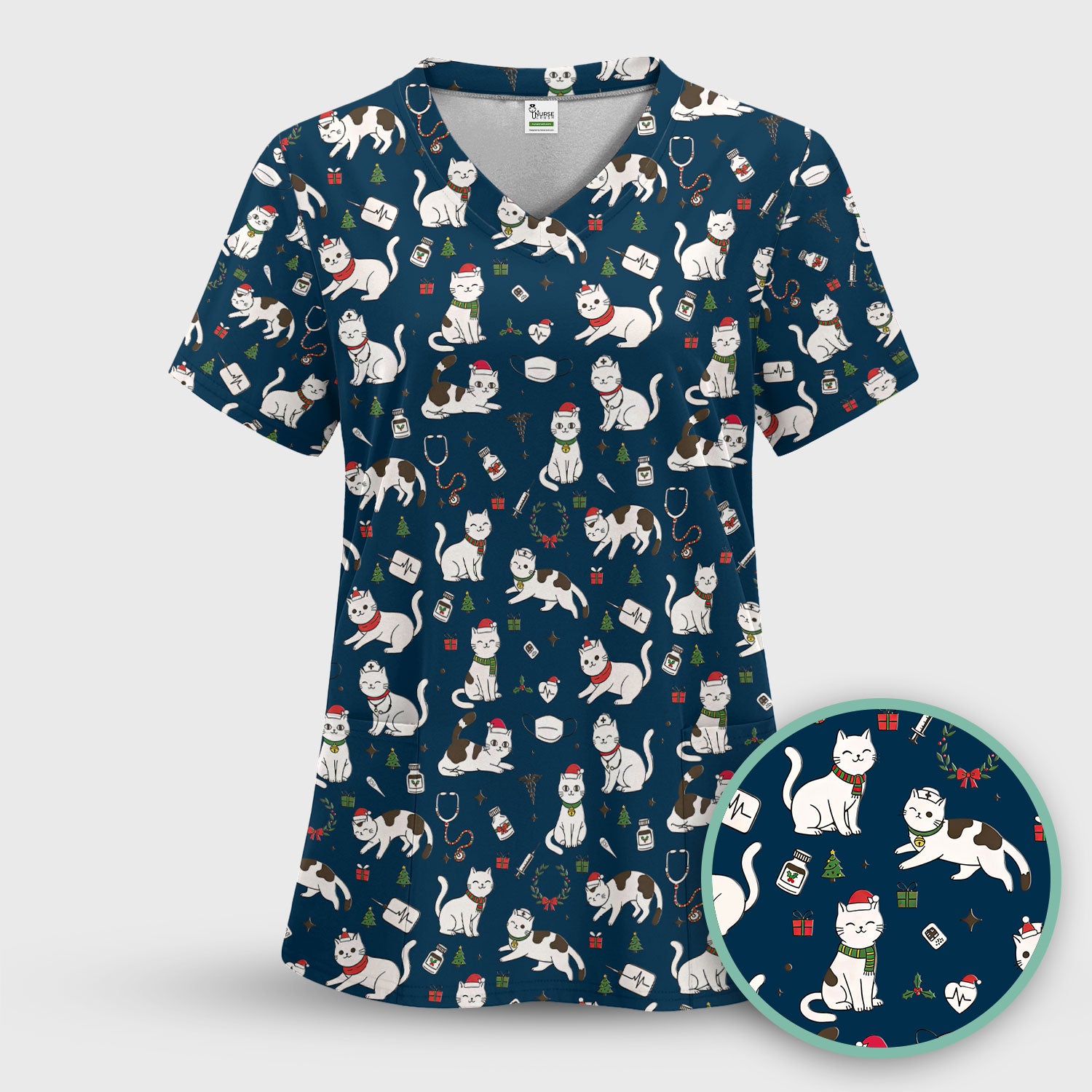 Christmas Cat Scrub Top – Festive Nurse & Holiday Kitty Pattern – Cute Medical Uniform for Nurses, Vets and Healthcare Workers