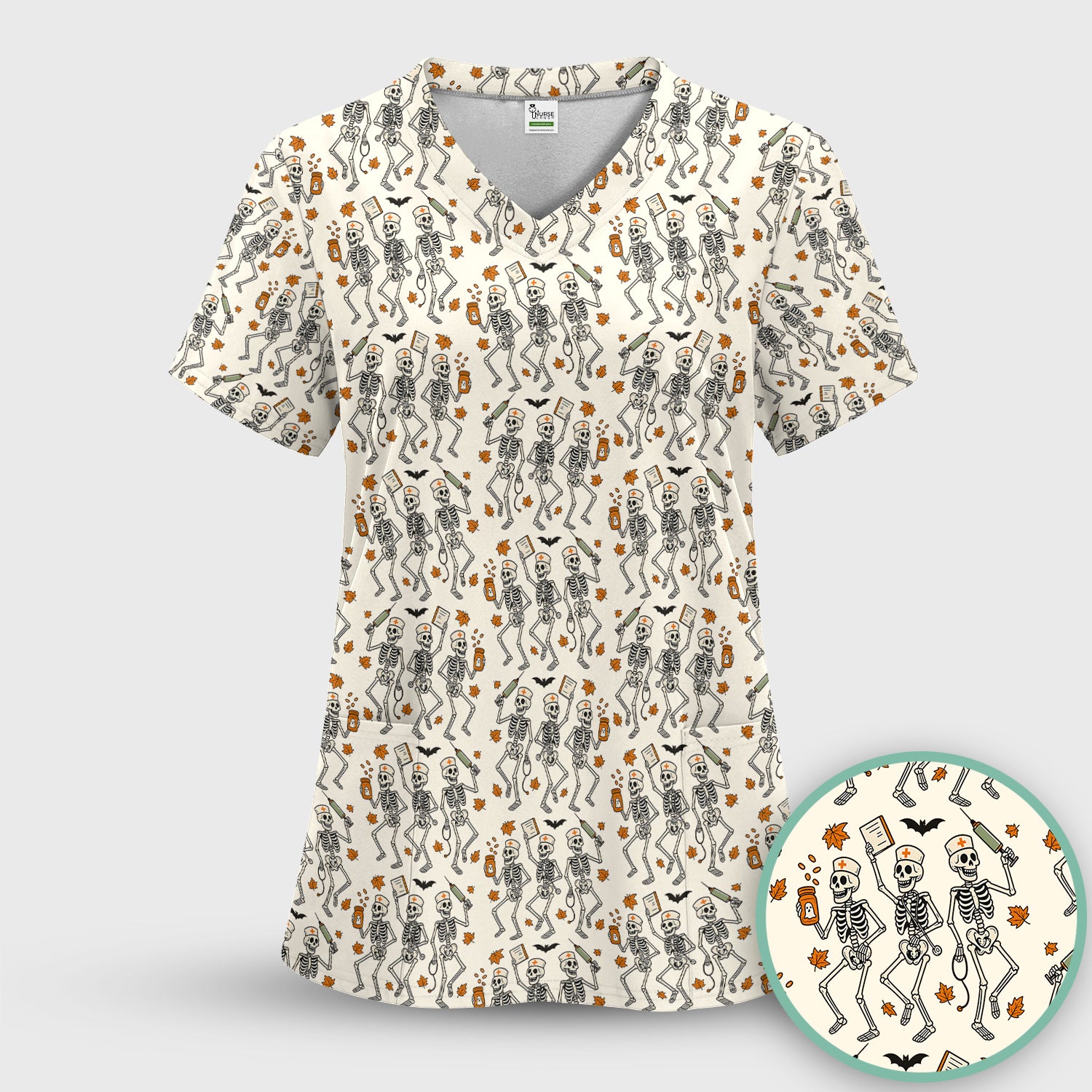 Funny Halloween Skeleton Pattern Scrub Top, Comfortable Scrubs for Nurses
