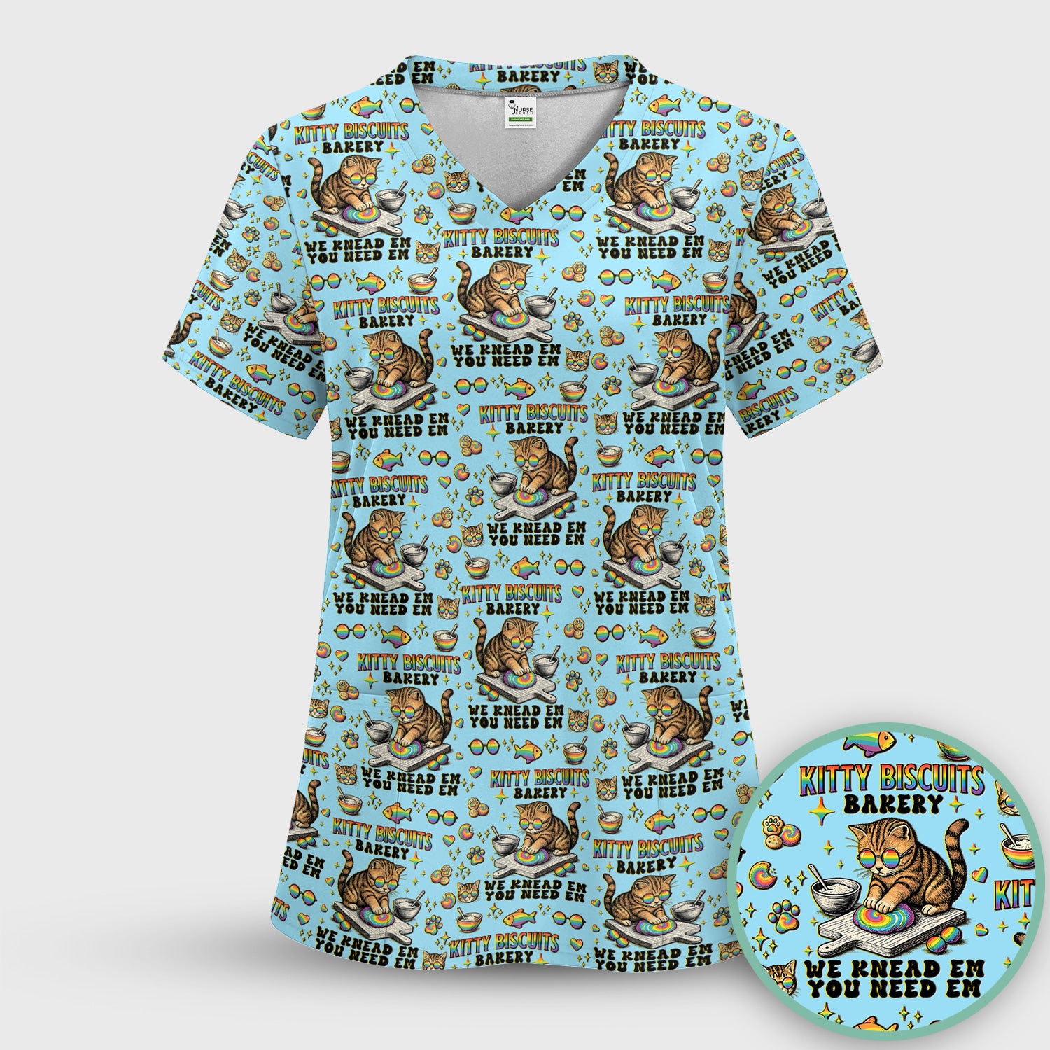 Pride Nurse Cat Baking Rainbow Dough Pattern Scrub Top, Breathable Fabrics Nursing Uniform