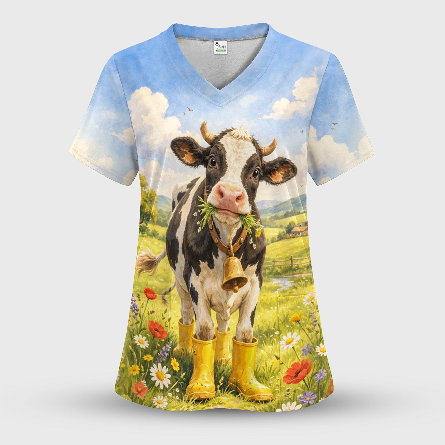 Cute Cow Wearing Boots Meadow Scene Pattern Scrub Set, Scrub Pants and V Neck Top