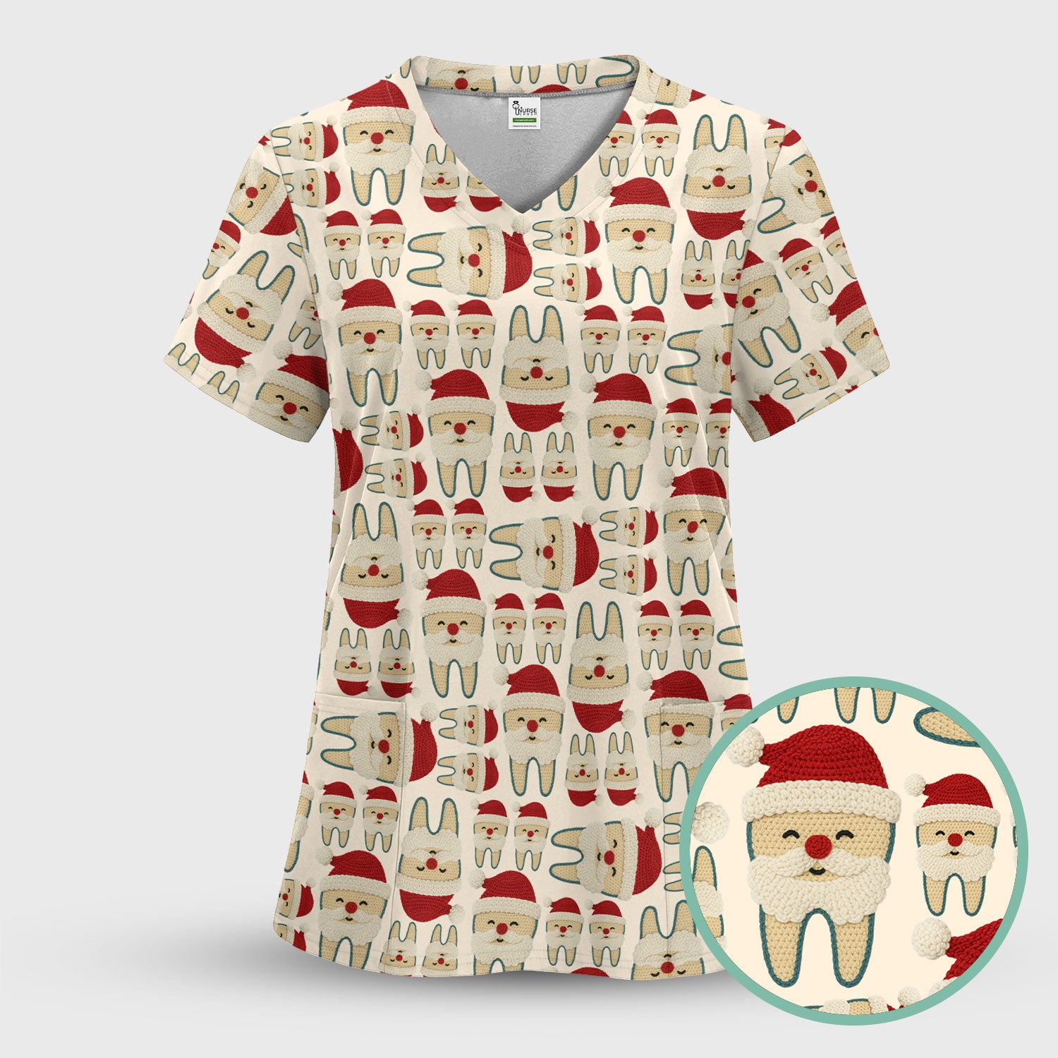 Christmas Tooth Scrub Top - Cute Santa Tooth Pattern for Dentists & Hygienists - Crochet Style Holiday Medical Uniform for Women