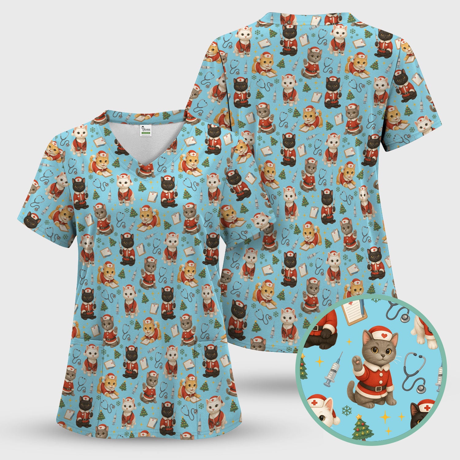 Christmas Nurse Scrub Set for Women - Cute Dog Cat Pattern Scrub Top and Pants - Funny Holiday Nursing Outfit Gift for RN LPN CNA