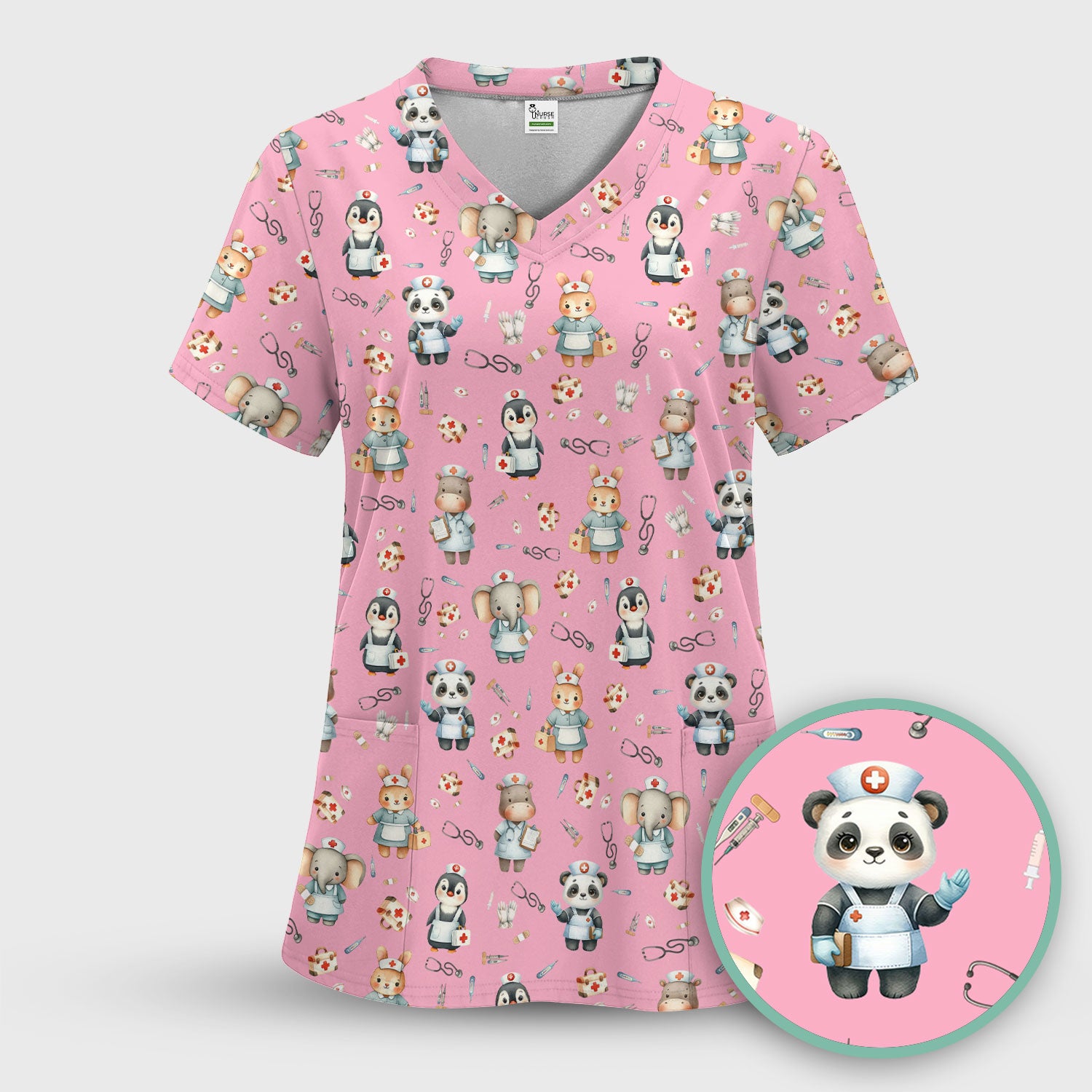 Cute Animal Scrub Top for Women - Panda Bunny Penguin Print Med Uniform - Comfortable Pastel Scrubs for Nurses