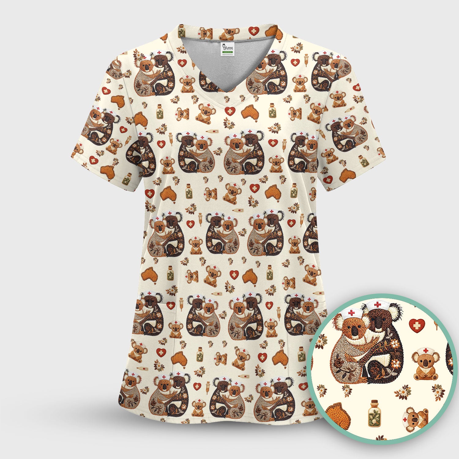 Cute Cartoon Koala Valentine Nurse Design Scrub Top, Breathable Fabrics Nursing Uniform