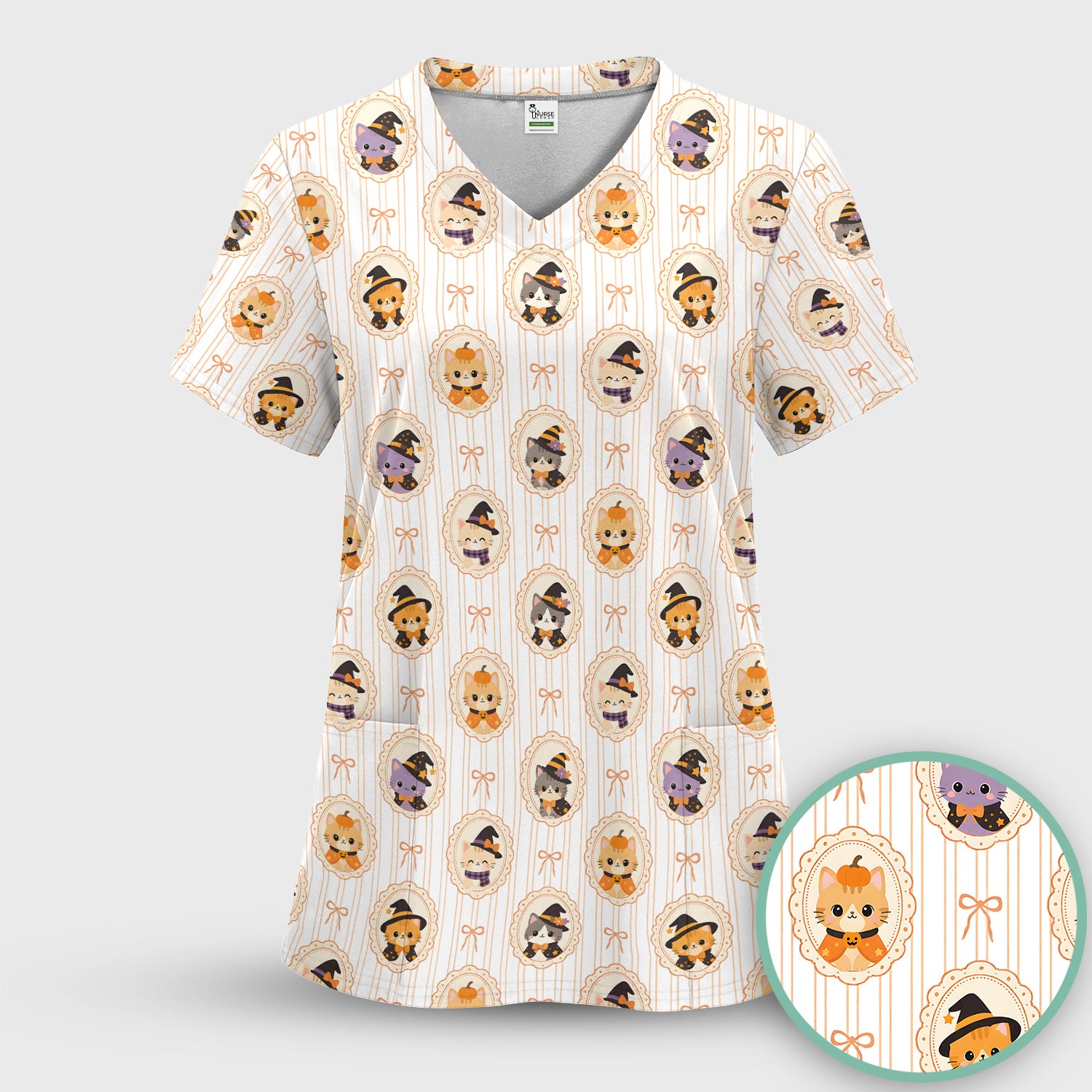 Cute Halloween Cat Stripe Pattern Scrub Set, Scrub Pants and V Neck Top