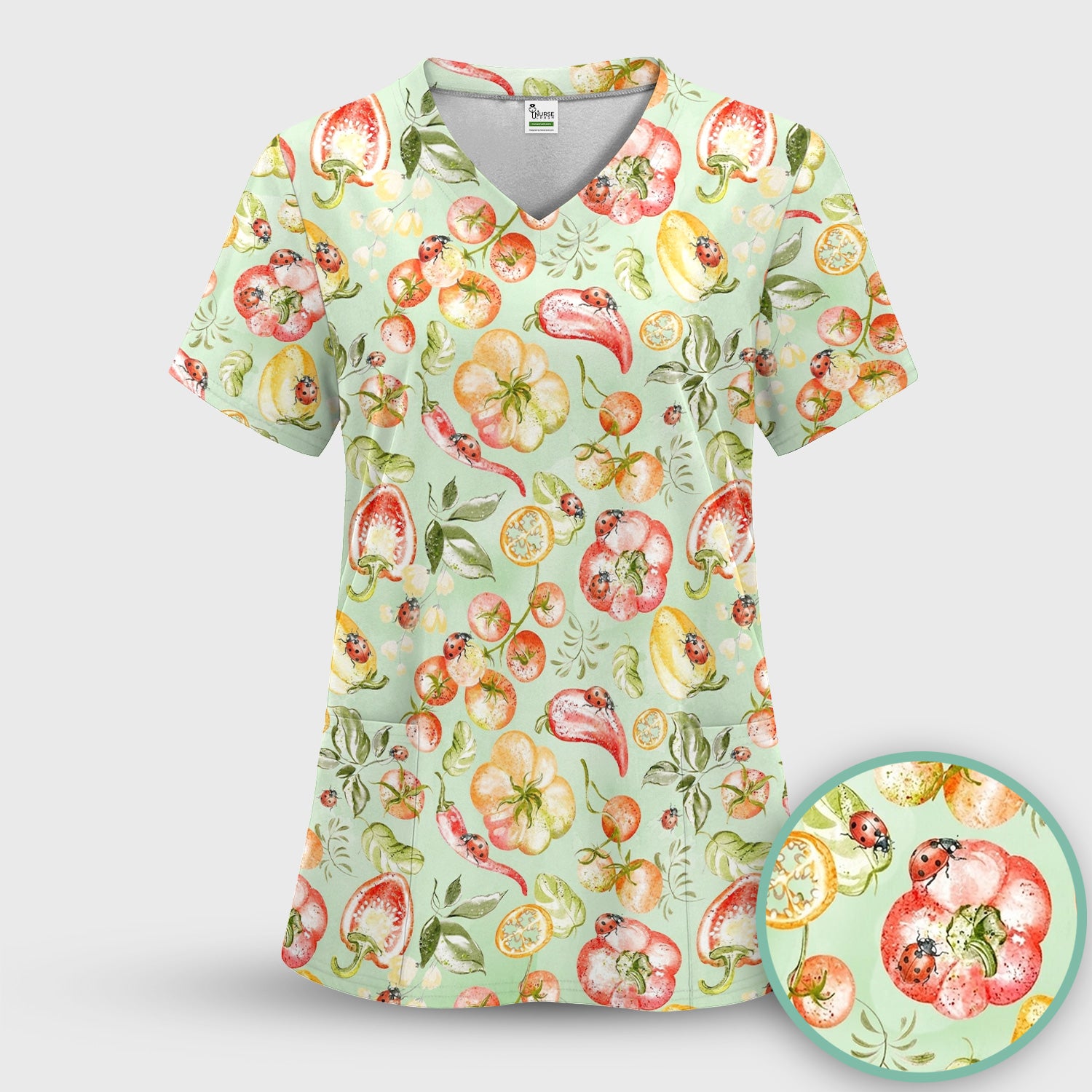 Cute Watercolor Veggie Ladybug Pattern Scrub Top, Comfortable Scrubs for Nurses