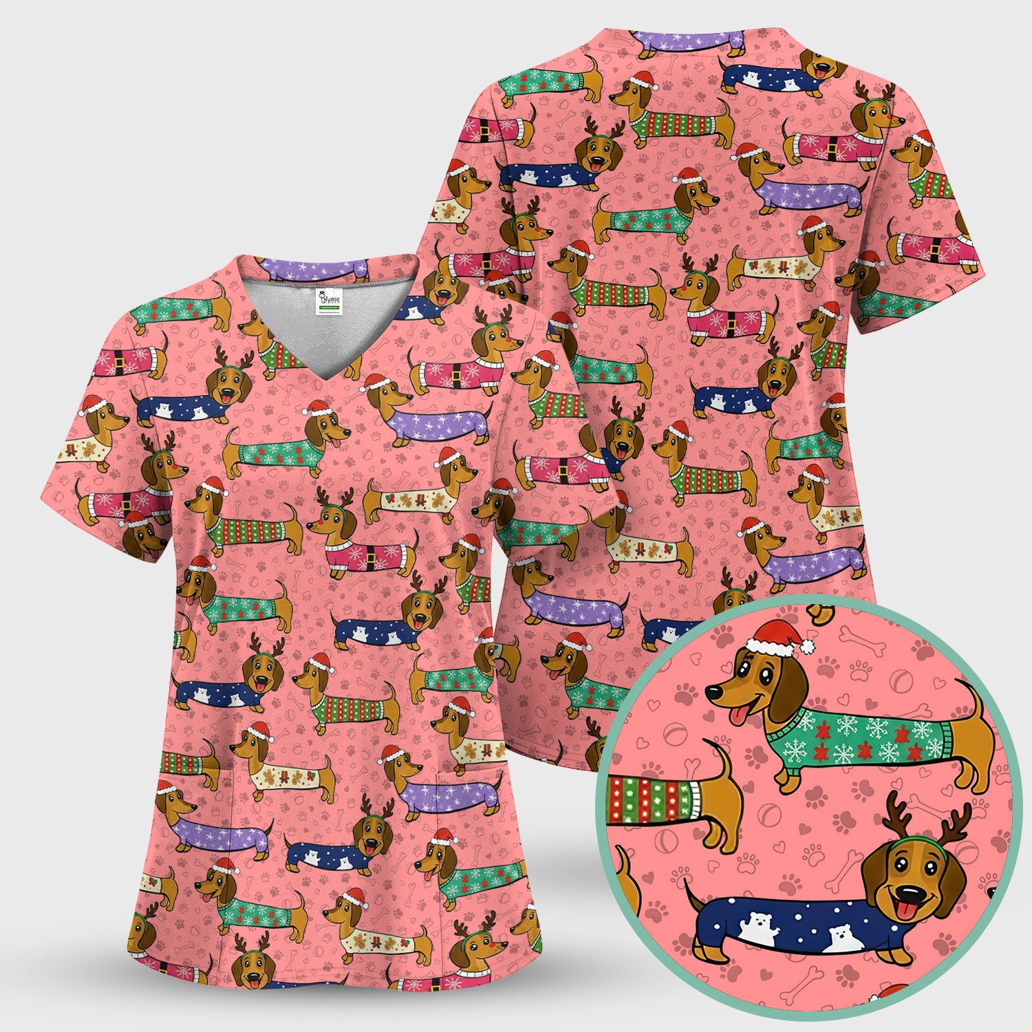 Christmas Dachshund Scrub Top for Women - Cute Dog Nursing Uniform with Pockets - Holiday Reindeer Wiener Dog Shirt - Funny Vet Tech Workwear