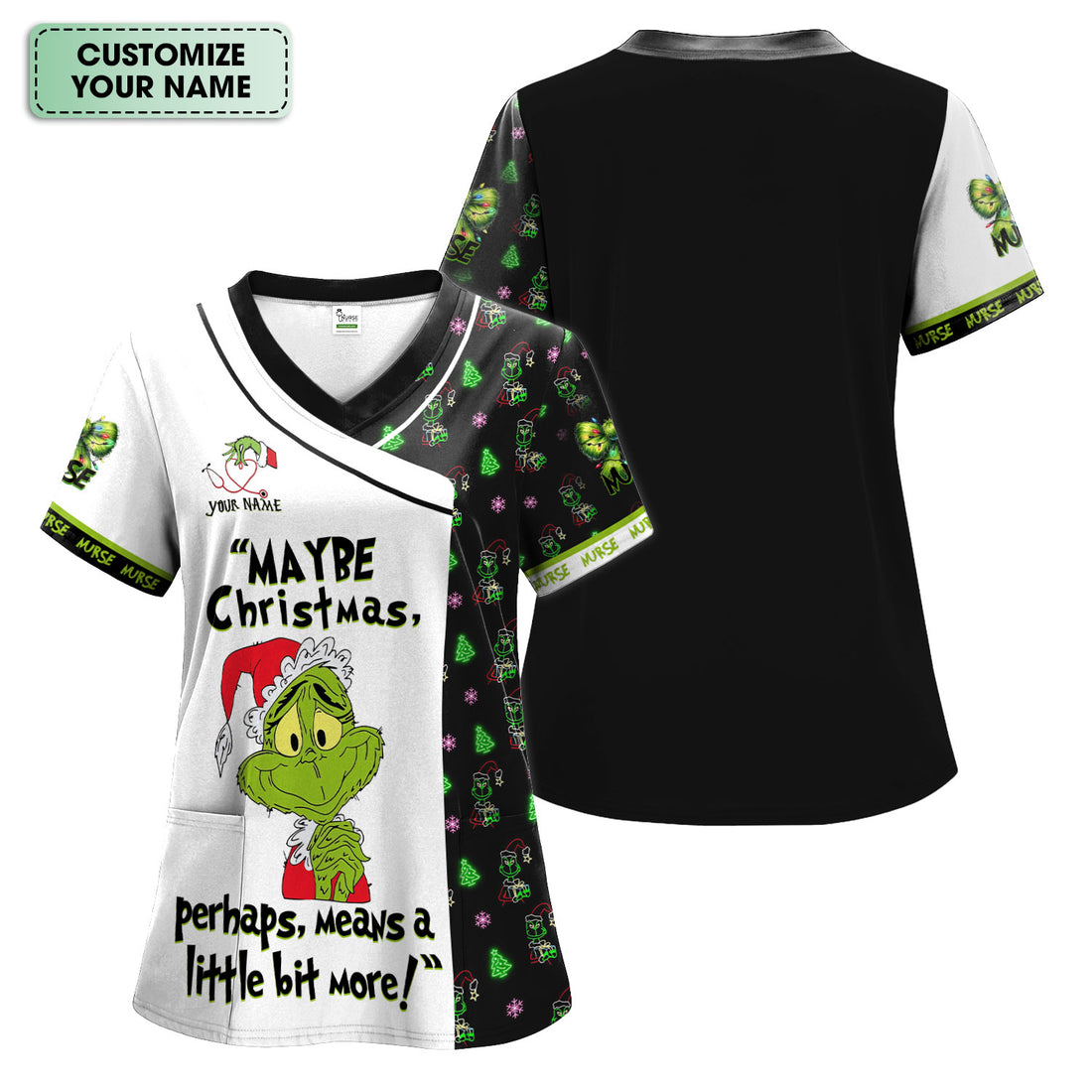 Custom Name Nurse Christmas Scrub Top - Funny Grinch Medical Scrub Shirt - Gift for CNA RN LPN
