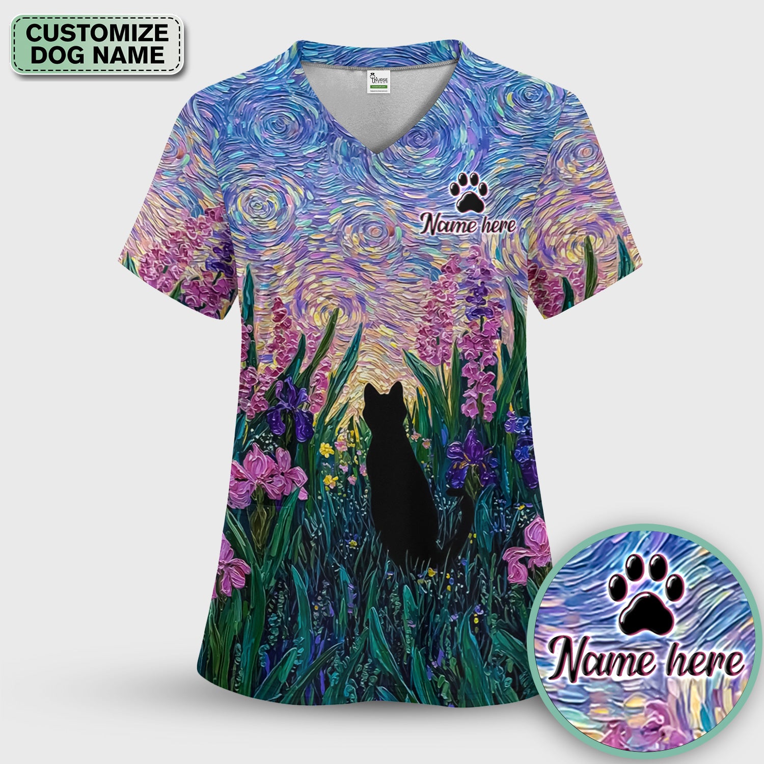 Cat Under Starry Sky Pattern Scrub Top, Comfortable Scrubs for Nurses