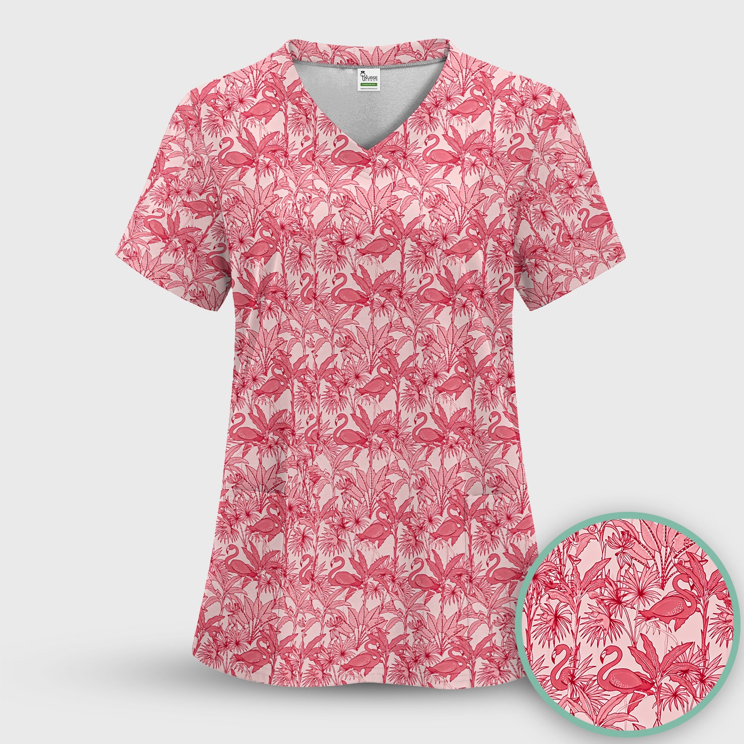 Tropical Flamingo Palm Leaves Pattern Scrub Top, Breathable Fabrics Nursing Uniform