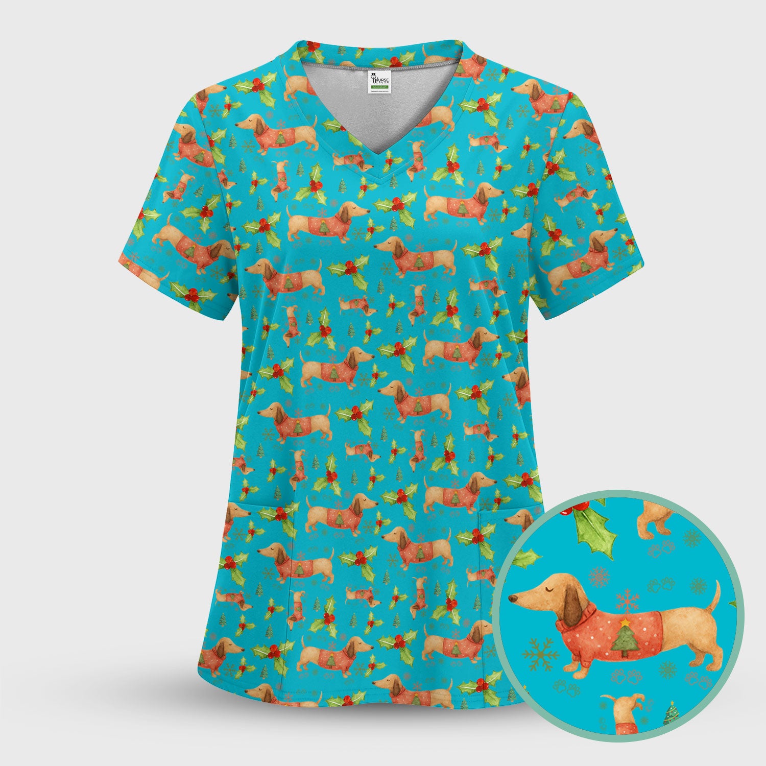 Festive Dachshund Scrub Top - Cute Sausage Dog Christmas Medical Uniform - Wiener Puppy Lover Gift