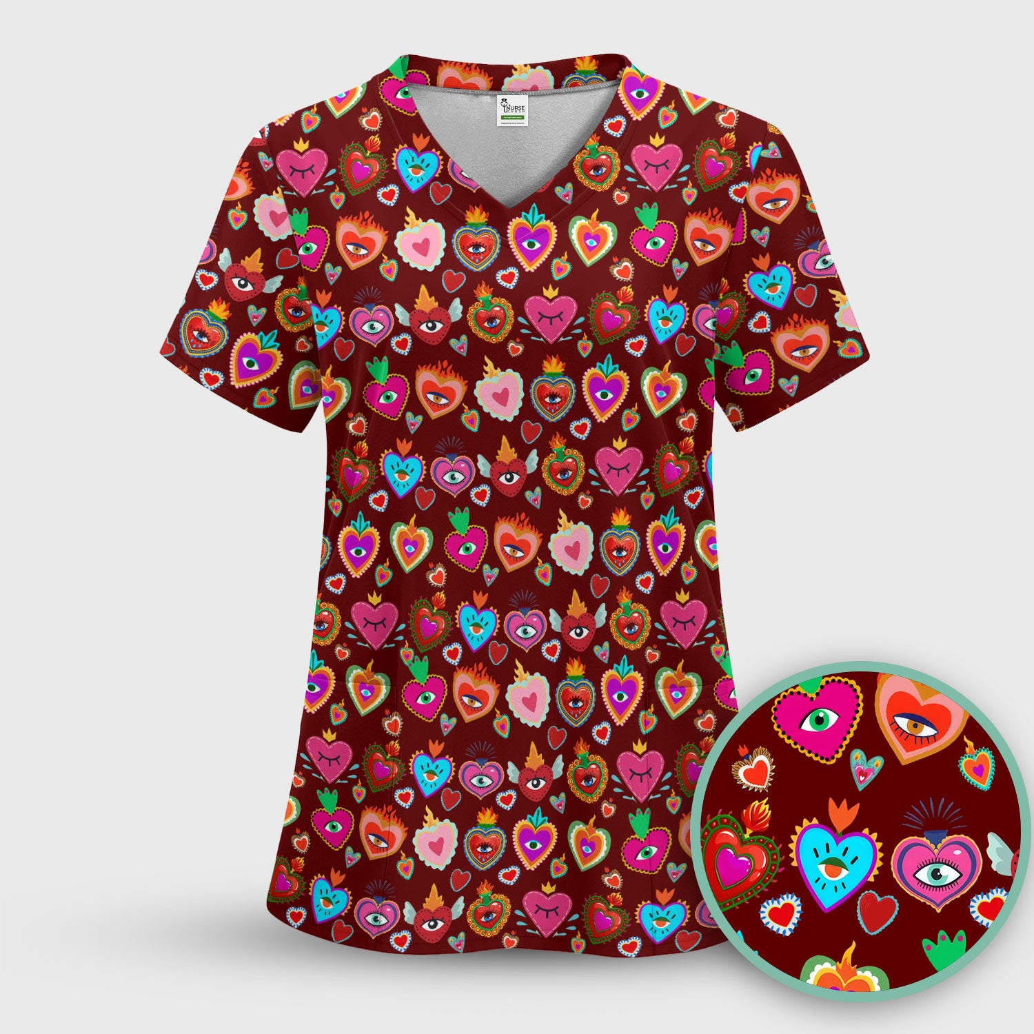Valentine Colorful Sacred Heart Print Medical Scrub Top, Comfortable Scrubs for Nurses