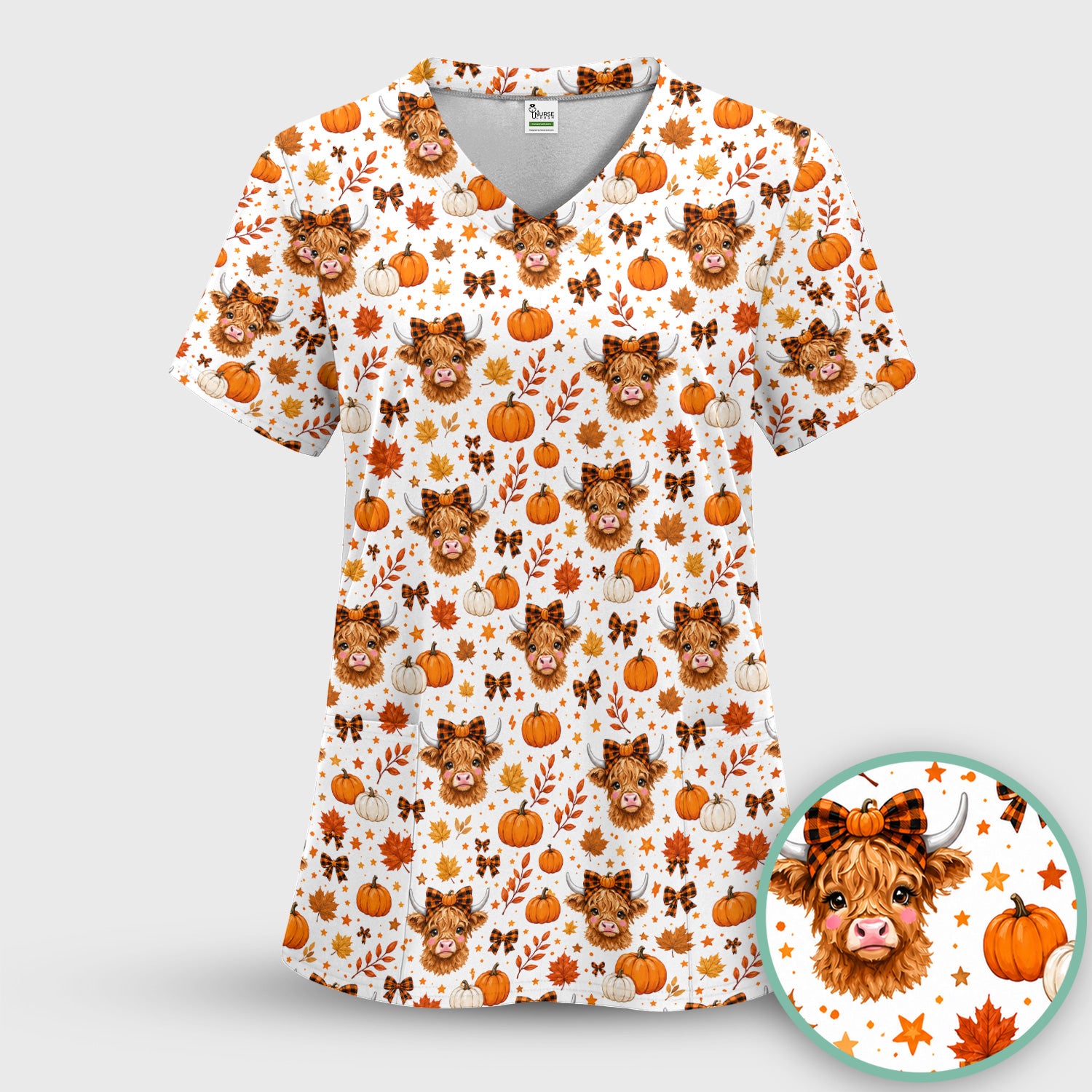 Cute Fall Highland Cow Scrub Top, Comfortable Scrubs for Nurses