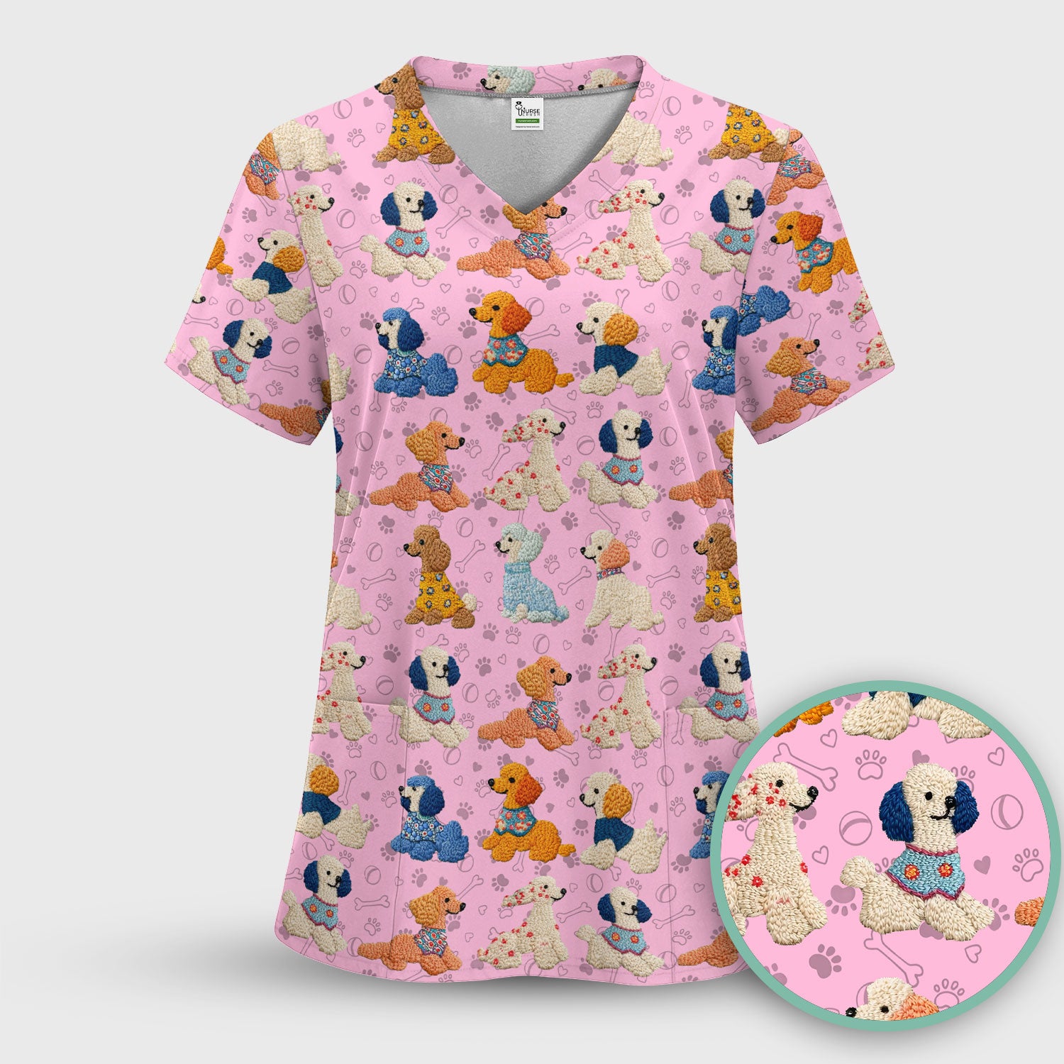 Cute Colorful Poodle Pattern Scrub Top, Comfortable Scrubs for Nurses