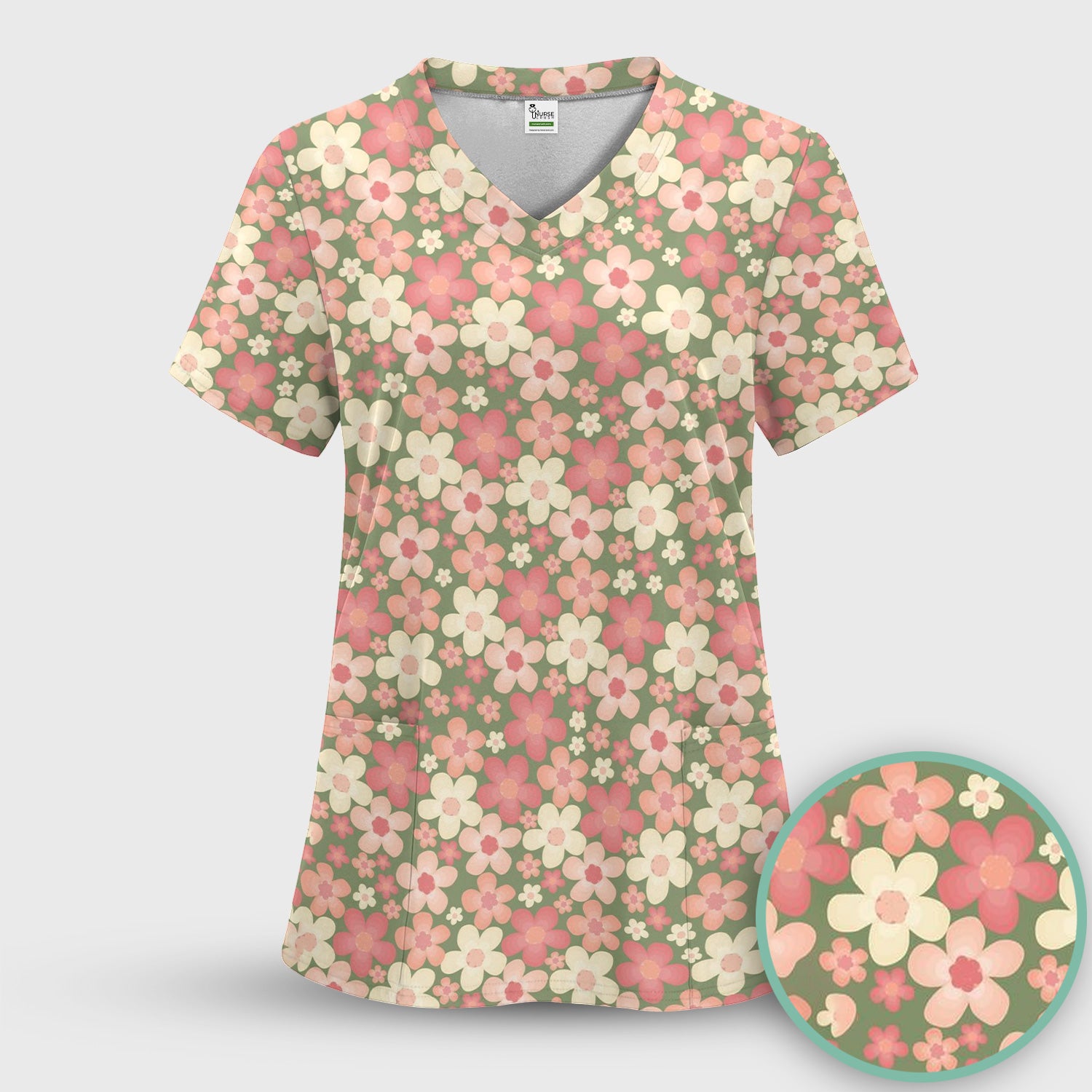Retro Floral Print Scrub Top, Comfortable Scrubs for Nurses