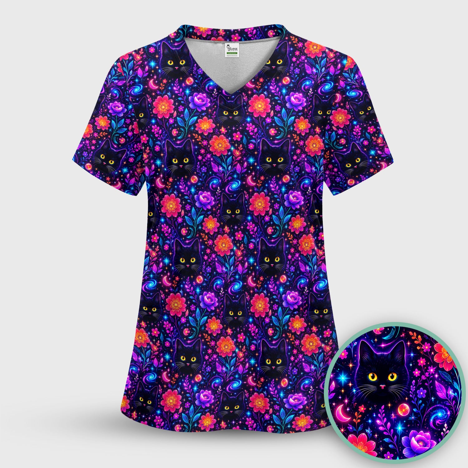 Galaxy Black Cat Floral Pattern Scrub Set, Scrub Pants and V Neck Top