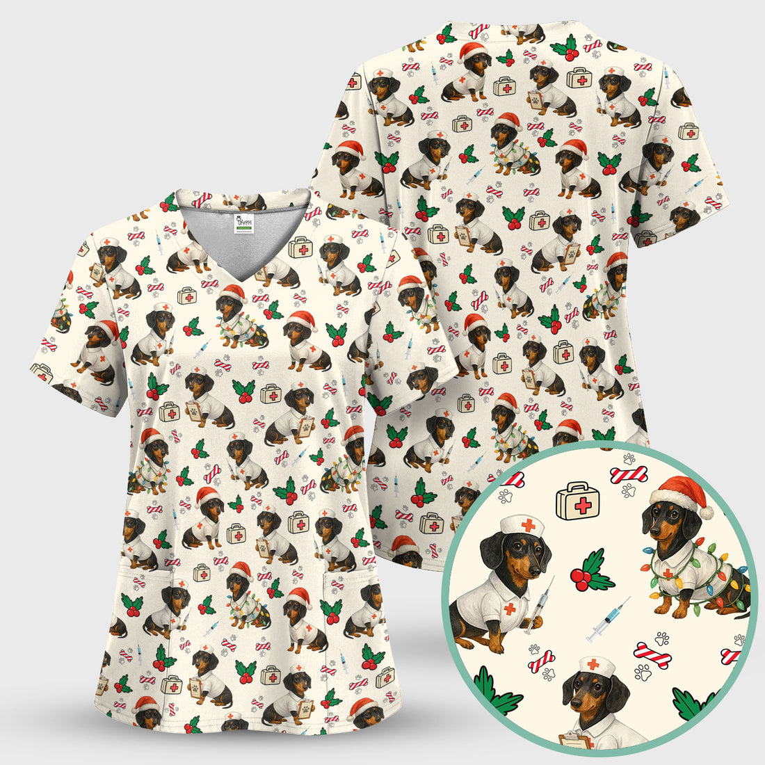 Christmas Dachshund Nurse Scrub Top - Funny Dachshund Dog Scrub Shirt Multi Color - Cute Holiday Nursing Work Shirt for Women