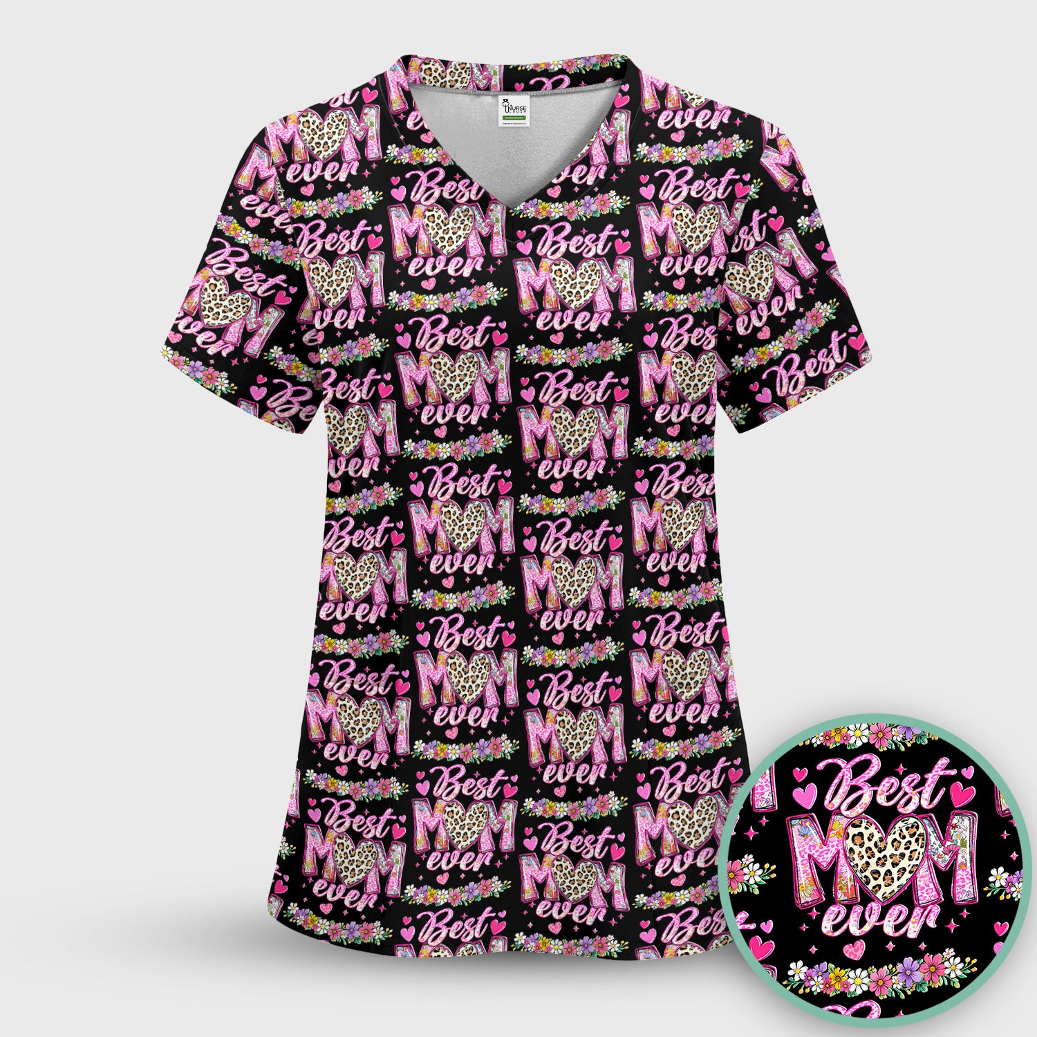 Best Mom Ever Leopard Heart Floral Pattern Scrub Set, Nurse Uniform Scrubs Set